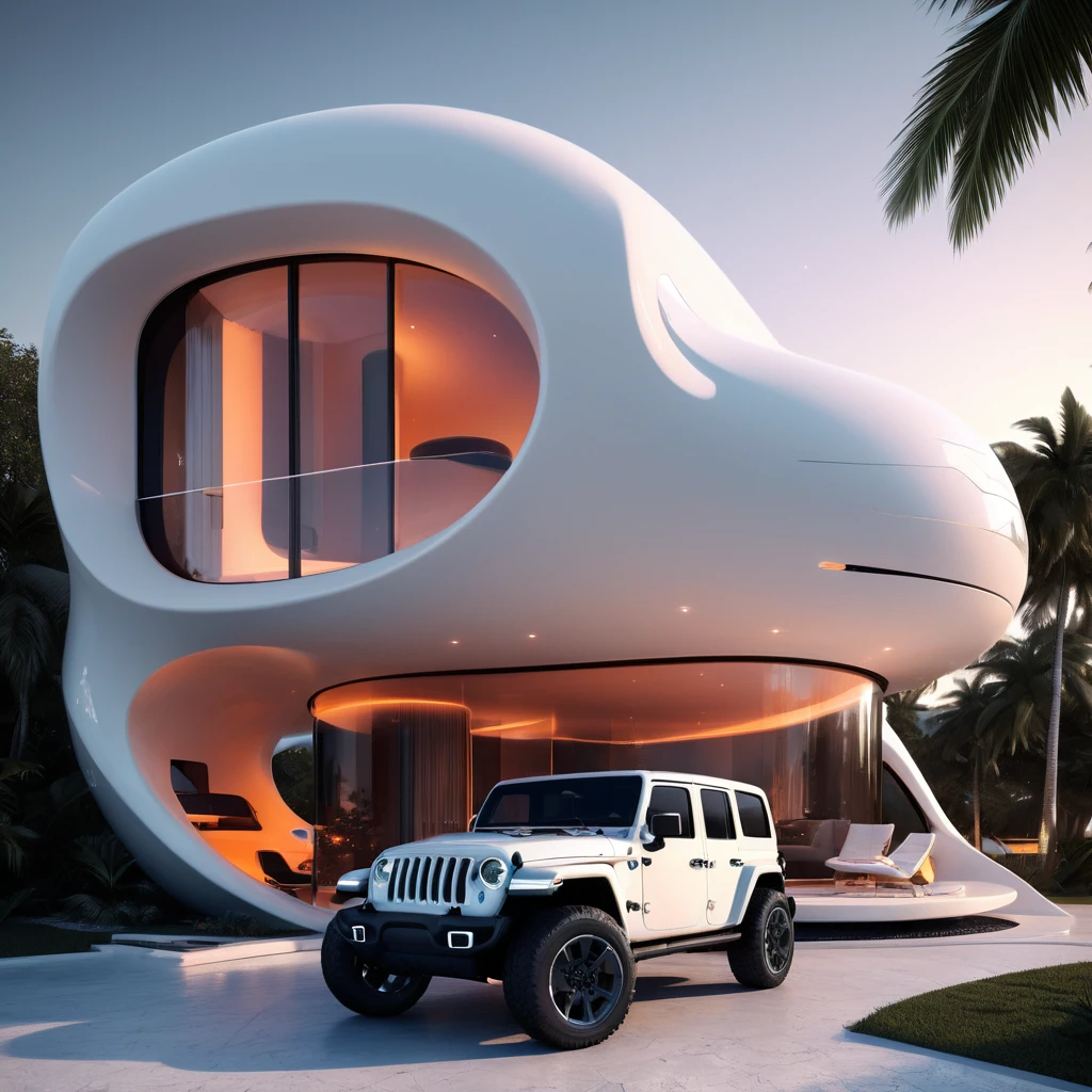 a futuristic house with a jeep wrangler parked in front of it, cgsocietywlop, beautiful curves, intricate devilish designs, qualia, interesting shapes & form, wow factor, elaborate polished, architectural rendering, miami, orange soft lighting in interior of house, futuristic battlefield, inspired by James E. Brewton, precise architectural rendering