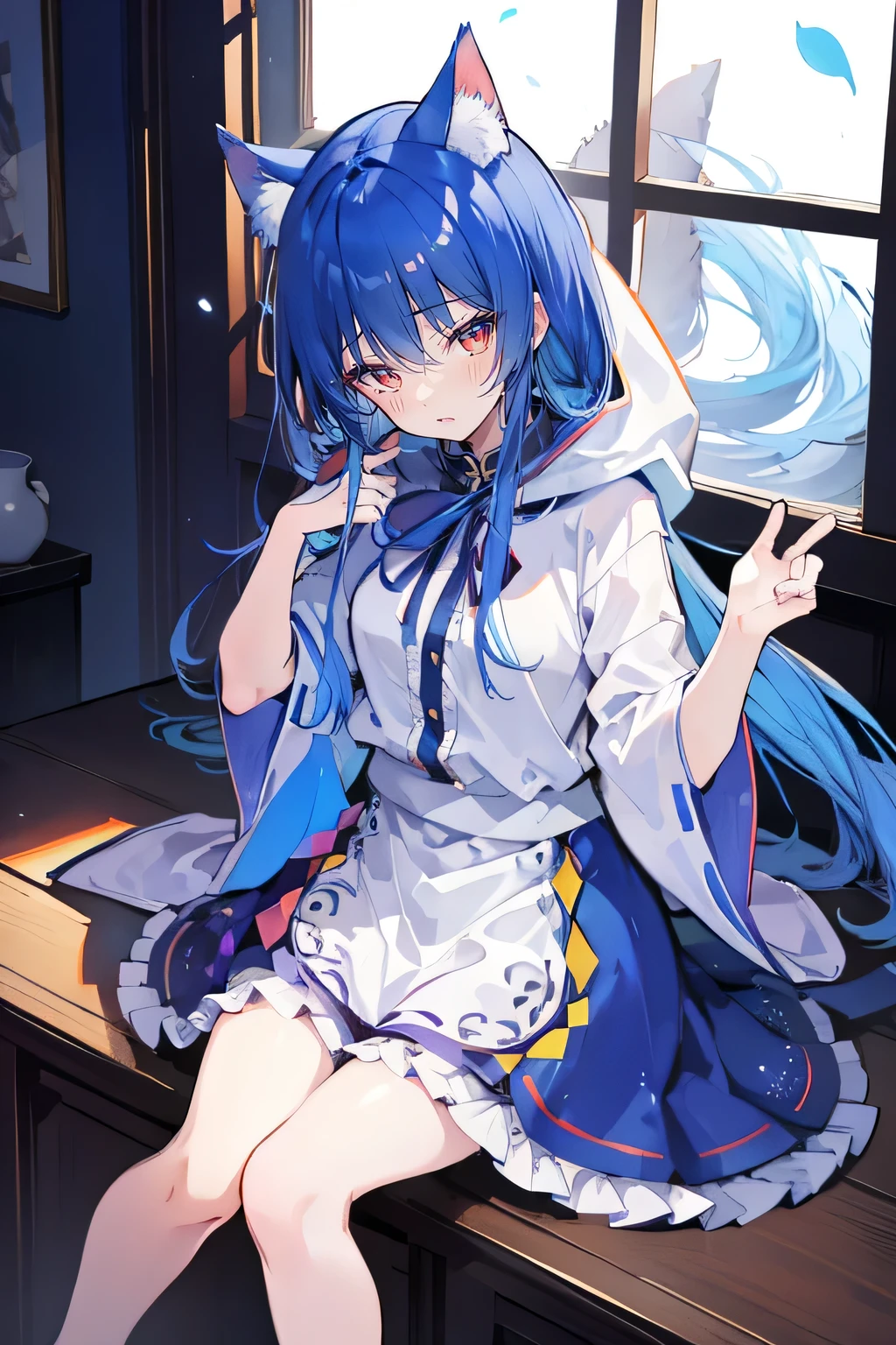 (masterpiece:1.2),Super detailed,lifelike,Expressive eyes,fair skin,perfect face shape,1 girl,
Japanese comics,Gorgeous blue hair,flowing blue hair,flowing clothes,Cat ears,Petals fall,beautiful lola,Baby Angel,
Shaking head with one hand,Cross your legs,Gentle and peaceful background,The pavilion is cool and comfortable,smile, wearing hoodie, In front of the window,snowing,Clear sky,Witch costume,Sitting sideways。