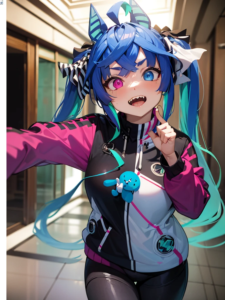 (masterpiece、top-quality、hight resolution),Create an image depicting the moment when a woman, who is rumored to be the embodiment of a harlot and a bitch, says "Hey, come hang out with me." She should have a provocative and seductive aura, with a confident and bold expression. Her attire should be revealing and suggestive, emphasizing her rumored reputation. The perspective should focus on her inviting gesture and facial expression, capturing the essence of the moment. Twin_Turbo_Umamusume, aqua hair, twintails, heterochromia, purple eyes, blue eyes, sharp teeth,hores tails, nsfw, room, multicolored hoodie, black leggings