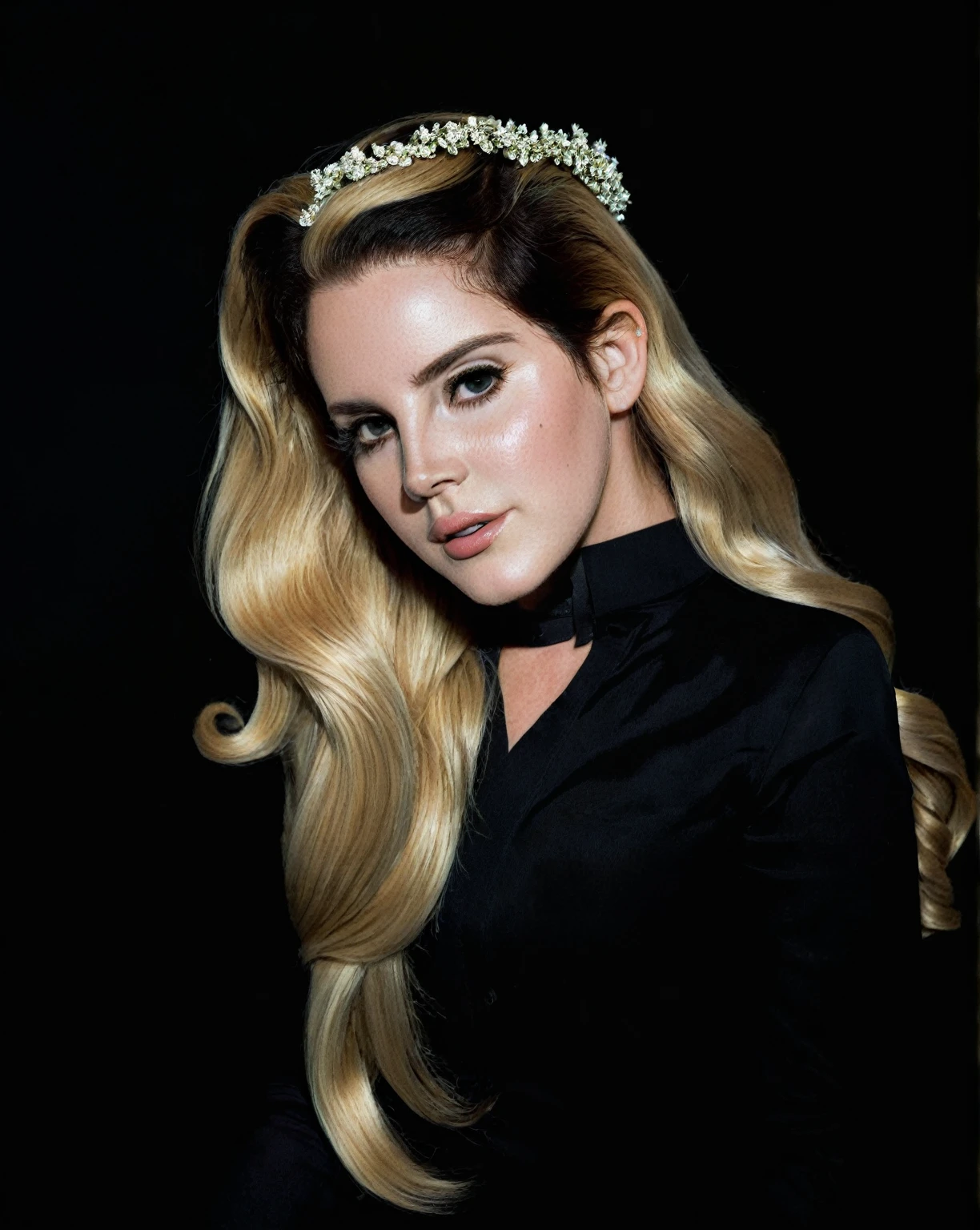 a woman with long blonde hair wearing a black top and hand in her hair, portrait of lana del rey, Portrait of woman, 