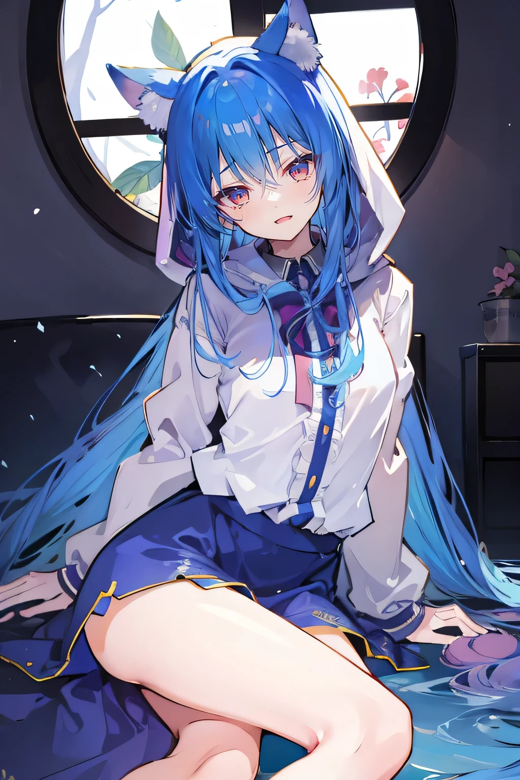 (masterpiece:1.2),Super detailed,lifelike,Expressive eyes,fair skin,perfect face shape,1 girl,
Japanese comics,Gorgeous blue hair,flowing blue hair,flowing clothes,Cat ears,Petals fall,beautiful lola,Baby Angel,
Shaking head with one hand,Cross your legs,Gentle and peaceful background,The pavilion is cool and comfortable,smile, wearing hoodie, In front of the window,snowing,Clear sky,Witch costume,Sitting sideways。