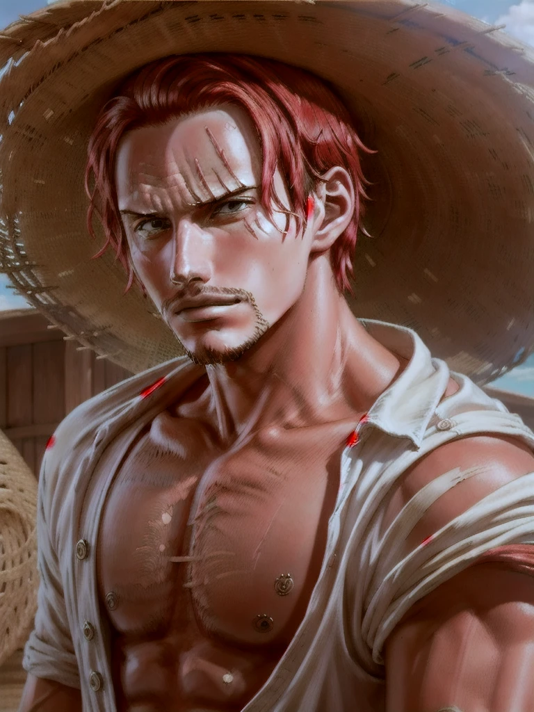 (Masterpiece, best quality), complicated details,
1 boy, man, red hair, straw hat, Chunks, Shanks \(one piece\), Scars on the face,