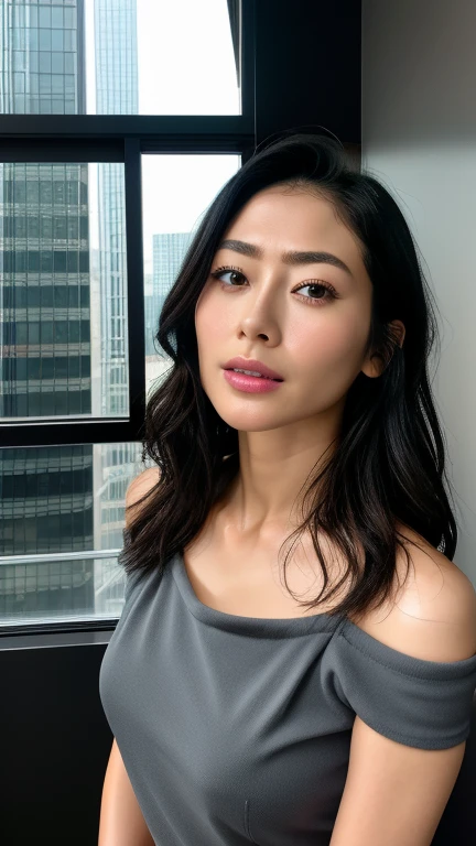 Beautiful Japanese actresses,1 girl, Very detailed, Focus your eyes, 44 years old,Black Hair、Symmetrical face,Realistic nostrils、Angle from below、Elongated C-shaped nostrils NSFW,(Sharp Nose)Sweaty skin、Glowing Skin,(Brow wrinkles))(Cum on tongue)、((Thin eyebrows))Oily skin、Glowing Skin、double eyelid、、Beautiful woman、Medium Hair,Eyes Wide Open、Shortcuts、Summer cityscape、Off the shoulder、Suka can see the sky、Shibuya Center Street、Tight, plump black skinny pants