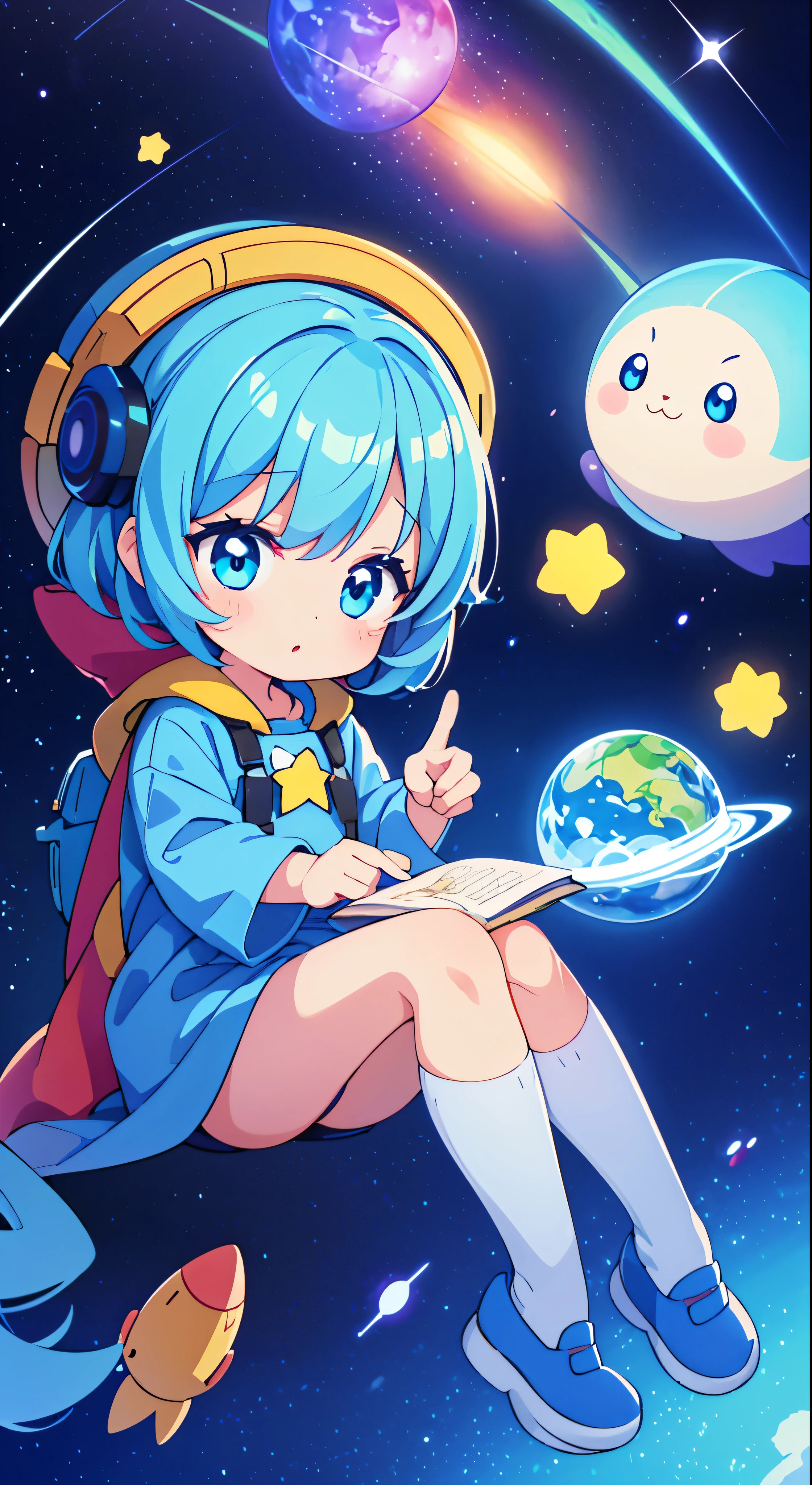 galaxies, rocket, planets, stars, cute illustration, cute art, cute characters, cute digital art, illustrated in whimsical style, children&#39;s illustration, cute features, illustration, cozy calm, cute detailed digital art  