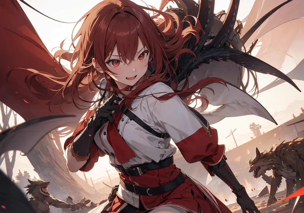 Realistic photos, Focus distance 10mm, Red and white, A big smile, Beautiful girl, Realistic photos, Focus distance 10mmで撮影, masterpiece, 最high quality, high quality, Very detailed CG 8k wallpaper unit, Award-winning photography, Depth of written boundary, High resolution, bloom, chromatic aberration, Realistic, Very detailed, Art Station Trends, CGsociety Trends, Complex, High detail, dramatic, Art on the go, volumetric lighting, game「Tales」Series Image, Monster Fighter: Beautiful girl character in combat mode fighting ferocious monsters。Expressing the tension and power of battle