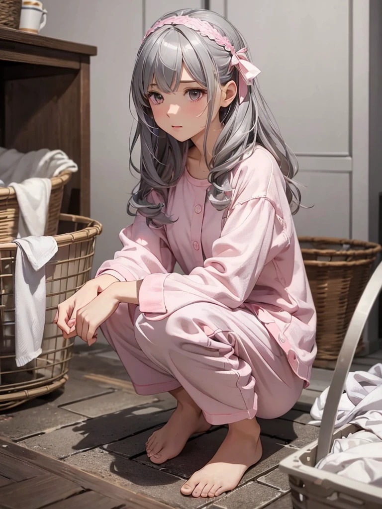 masterpiece, Highest quality, Very detailed, figure, Beautiful attention to detail, close, girl. Gray hair, Pink ribbon, White pajamas. Crouching on the ground and rummaging through a laundry basket