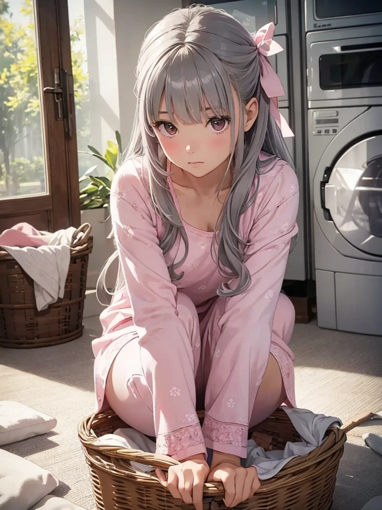 masterpiece, Highest quality, Very detailed, figure, Beautiful attention to detail, close, girl. Gray hair, Pink ribbon, White pajamas. Crouching on the ground and rummaging through a laundry basket