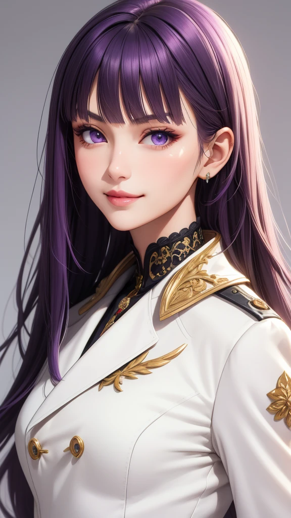 (masterpiece, best quality), intricate details, thin, ((slim)), beautiful girl, purple hair, blunt bangs, light purple eyes, sharp jawline, white coat, long hair, lips, upper body, close up, smirk