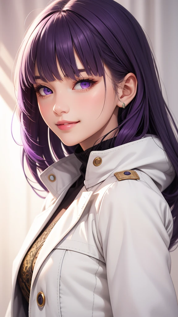(masterpiece, best quality), intricate details, thin, ((slim)), beautiful girl, purple hair, blunt bangs, light purple eyes, sharp jawline, white coat, long hair, lips, upper body, close up, smirk