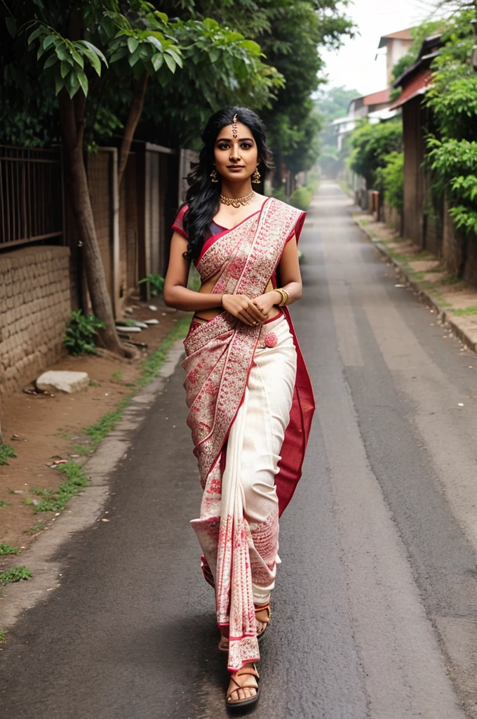 A Indian woman wearing very traditional saree and walking in road