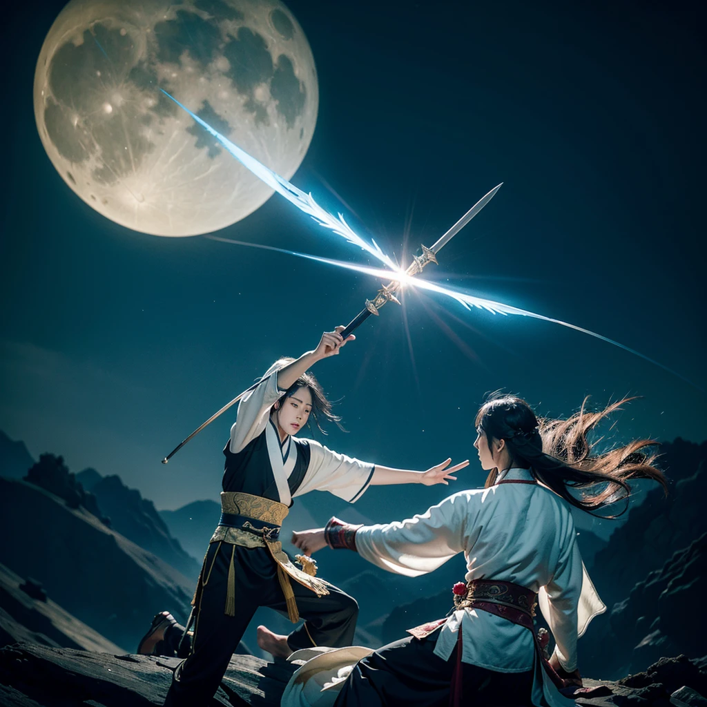 The creation of the Chinese Classic of Mountains and Seas style is like the puppet show characters in TV movies, Hollywood fight scenes, Hanfu martial arts drama, six major characters appearing with glowing bodies, super congenital people, six people, six roles, six duels, meditating, and killing in the stunning martial arts world. image, This sword, halberd, tactics, spells, magic art, flying around requires a fantasy fairy-like duel with lighting scenes, a battle of no return, Swordsman, Tianlong, Eight Parts, Legend of the Condor Heroes, The Legend of the Condor Heroes, Full Moon Scimitar, Thunderbolt International Multimedia Tianyu International Multimedia Shen Mo International Multimedia