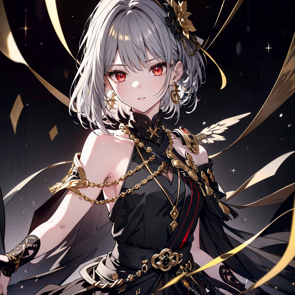 8k,High resolution RAW color art,Highest quality;1:2. Anime Art,Silver Marble Skin, (((Very detailed and cool))), Detailed skin, Bokeh、texture,(Exquisitely crafted, The finer details, Ultra-detailed art), (((1 girl))), Depth of written boundary, Silky Touch, Hyper Detail, (((Cool face))), eye shadow、Armed women, Beautiful detailed red eyes, Beautiful lip detail, Highly detailed face, Delicate depiction of hair and eyes, Detailed Fashion, Golden Earrings,Full body depiction, Black half top、(((Shoulder Bare)))、Black shorts、Waist Cloak、black tights、Golden decoration, Grey Hair, Golden bracelet, Straight Hair、Short Hair、(((Hair)))、Calm background、(((Black theme)))、snow、Side view、Crouch、look up、Matte