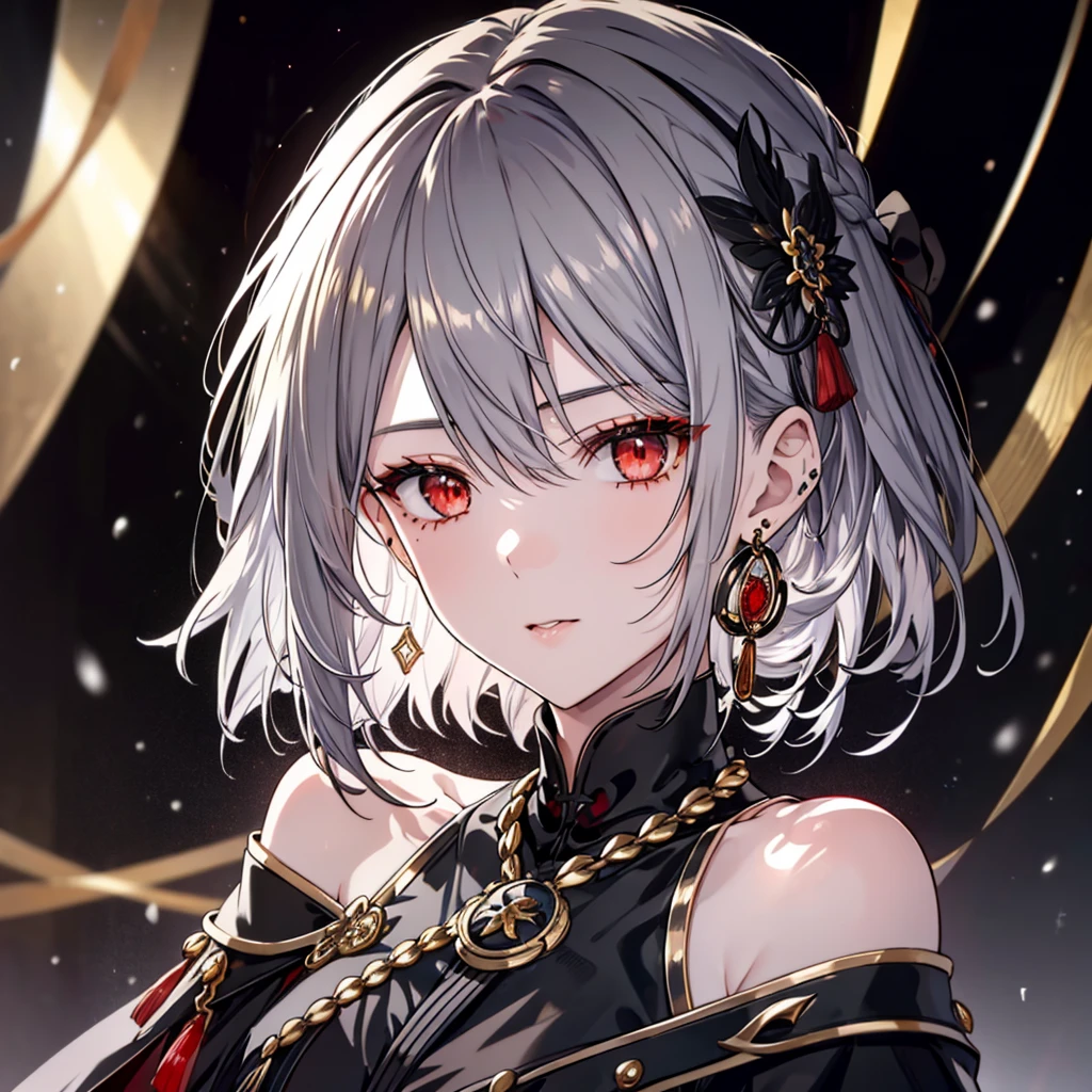8k,High resolution RAW color art,Highest quality;1:2. Anime Art,Silver Marble Skin, (((Very detailed and cool))), Detailed skin, Bokeh、texture,(Exquisitely crafted, The finer details, Ultra-detailed art), (((1 girl))), Depth of written boundary, Silky Touch, Hyper Detail, (((Cool face))), eye shadow、Armed women, Beautiful detailed red eyes, Beautiful lip detail, Highly detailed face, Delicate depiction of hair and eyes, Detailed Fashion, Golden Earrings,Full body depiction, Black half top、(((Shoulder Bare)))、Black shorts、Waist Cloak、black tights、Golden decoration, Grey Hair, Golden bracelet, Straight Hair、Short Hair、(((Hair)))、Calm background、(((Black theme)))、snow、Side view、Crouch、look up、Matte