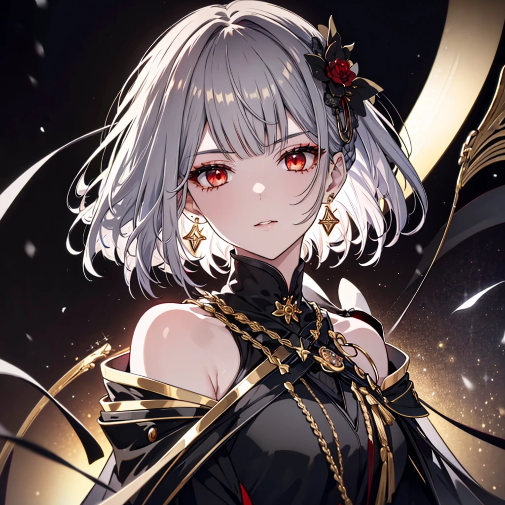 8k,High resolution RAW color art,Highest quality;1:2. Anime Art,Silver Marble Skin, (((Very detailed and cool))), Detailed skin, Bokeh、texture,(Exquisitely crafted, The finer details, Ultra-detailed art), (((1 girl))), Depth of written boundary, Silky Touch, Hyper Detail, (((Cool face))), eye shadow、Armed women, Beautiful detailed red eyes, Beautiful lip detail, Highly detailed face, Delicate depiction of hair and eyes, Detailed Fashion, Golden Earrings,Full body depiction, Black half top、(((Shoulder Bare)))、Black shorts、Waist Cloak、black tights、Golden decoration, Grey Hair, Golden bracelet, Straight Hair、Short Hair、(((Hair)))、Calm background、(((Black theme)))、snow、Side view、Crouch、look up、Matte

