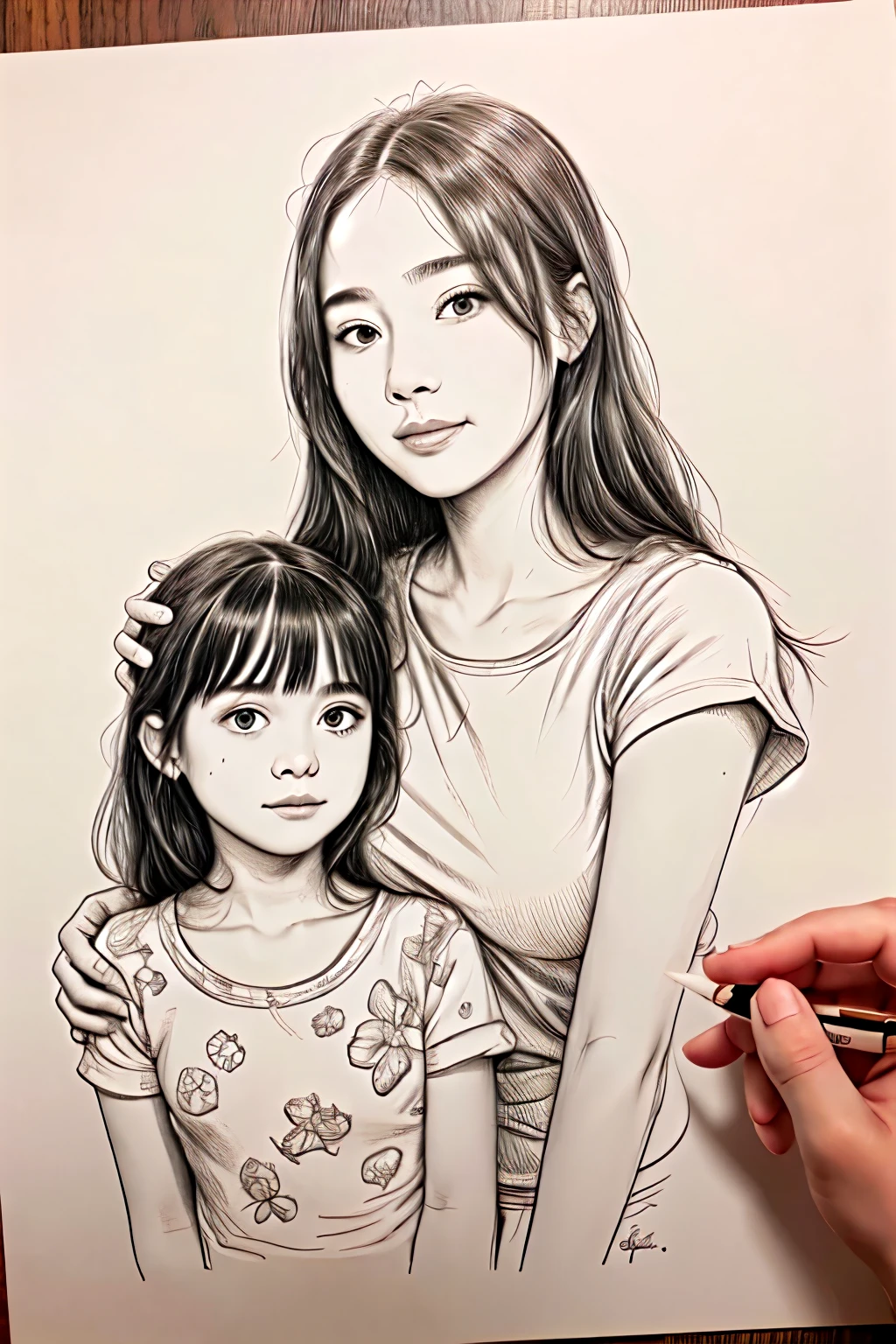 Maker drawing of doodling style 
In which there is a girl with her mother and with her grandmother