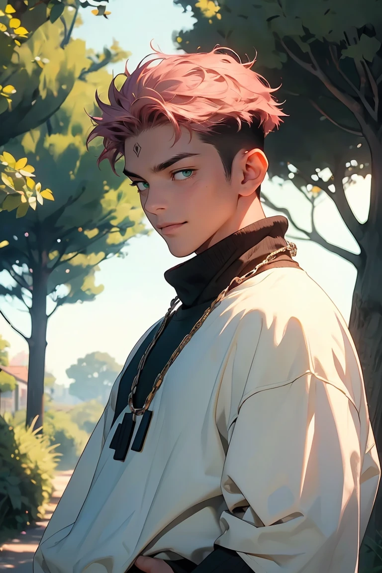 ruined, 1 man, himself, epic composition, strong man, city, (masterpiece, best quality: 1.2), male focus, 1 man, sukuna, toned body, hands in pockets, (masterpiece: 1.3) , (Best quality: 1.2). ),8K, Absurdity, Unity 8k Wallpaper, (Extremely Detailed: 1.3), Supreme, High Resolution, Amazing, Illustration, Gorgeous Soft Studio Light, Stunningly Beautiful, Incredibly Absurd, Vivid Details, Cinematic Lighting, Mood Lighting, Award Winning, Professional, highly detailed, informative, looking at a viewer, smiling, ((short hair), 1 man, standing, dark pink hair, hairstyle: side cut), green eyes, male focus, spiky hair, looking at viewer, He is wearing a Sweatpants with a sweater, he is wearing a long a link chain around his neck, hand in his pocket, background: Park, a beautiful park, trees, walkway, flowers, bushes,