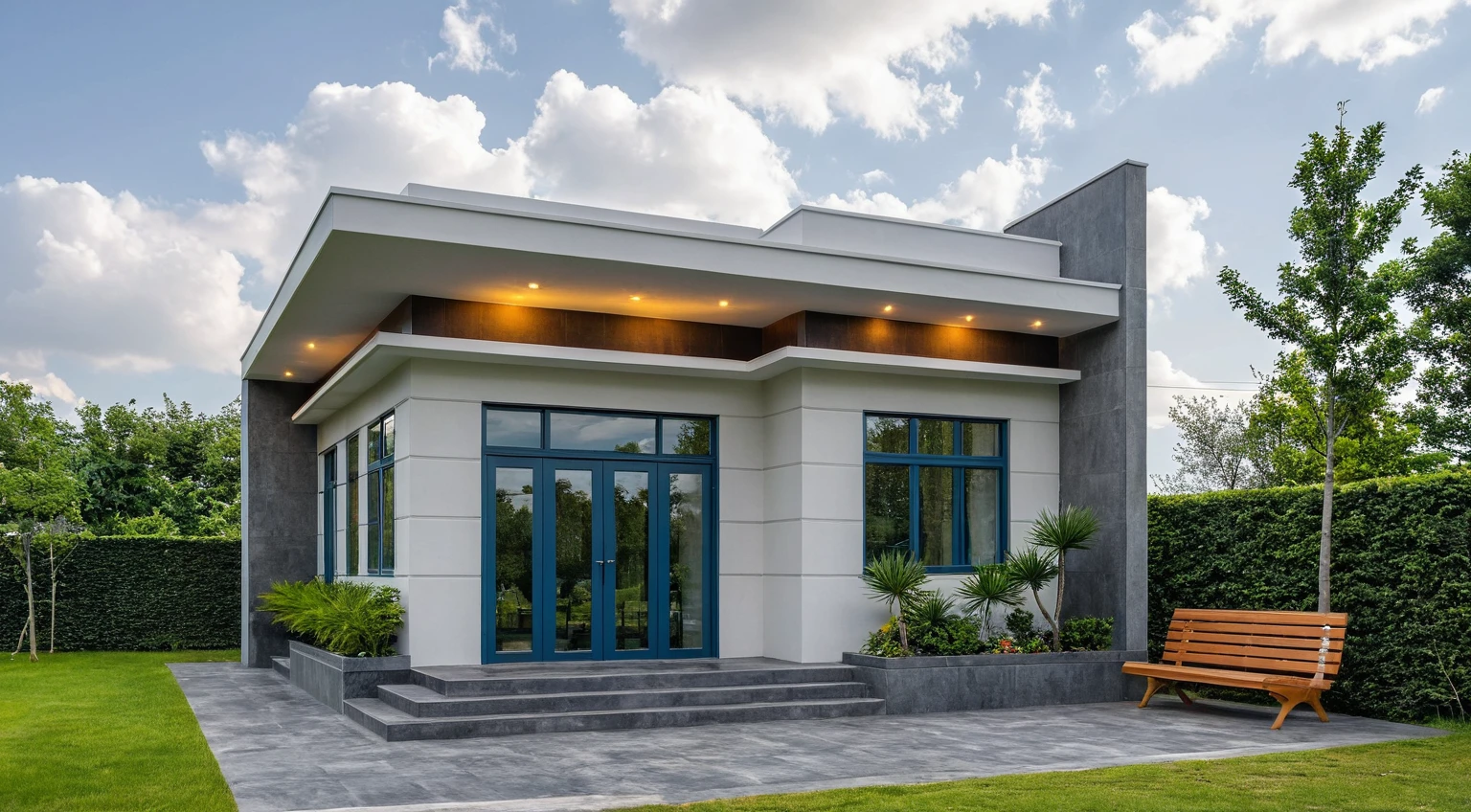 Masterpiece, high quality, best quality, authentic, super detail, outdoors, onestoreyvillaXL, aiaigroup, house style modern on the street ,stairs, white wall ,road,pavement, grass, trees, sky, cloud, (daylight:1.1)