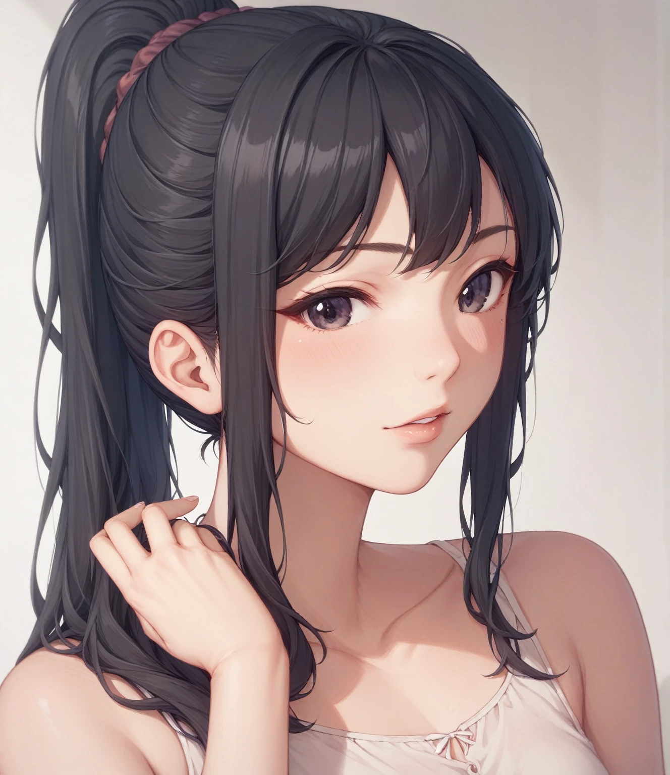 masterpiece、Highest quality、Super detailed、Perfect Human Anatomy、distinct、woman、Beige blouse、Black Hair、ponytail、Dark Eyes、Are thin、