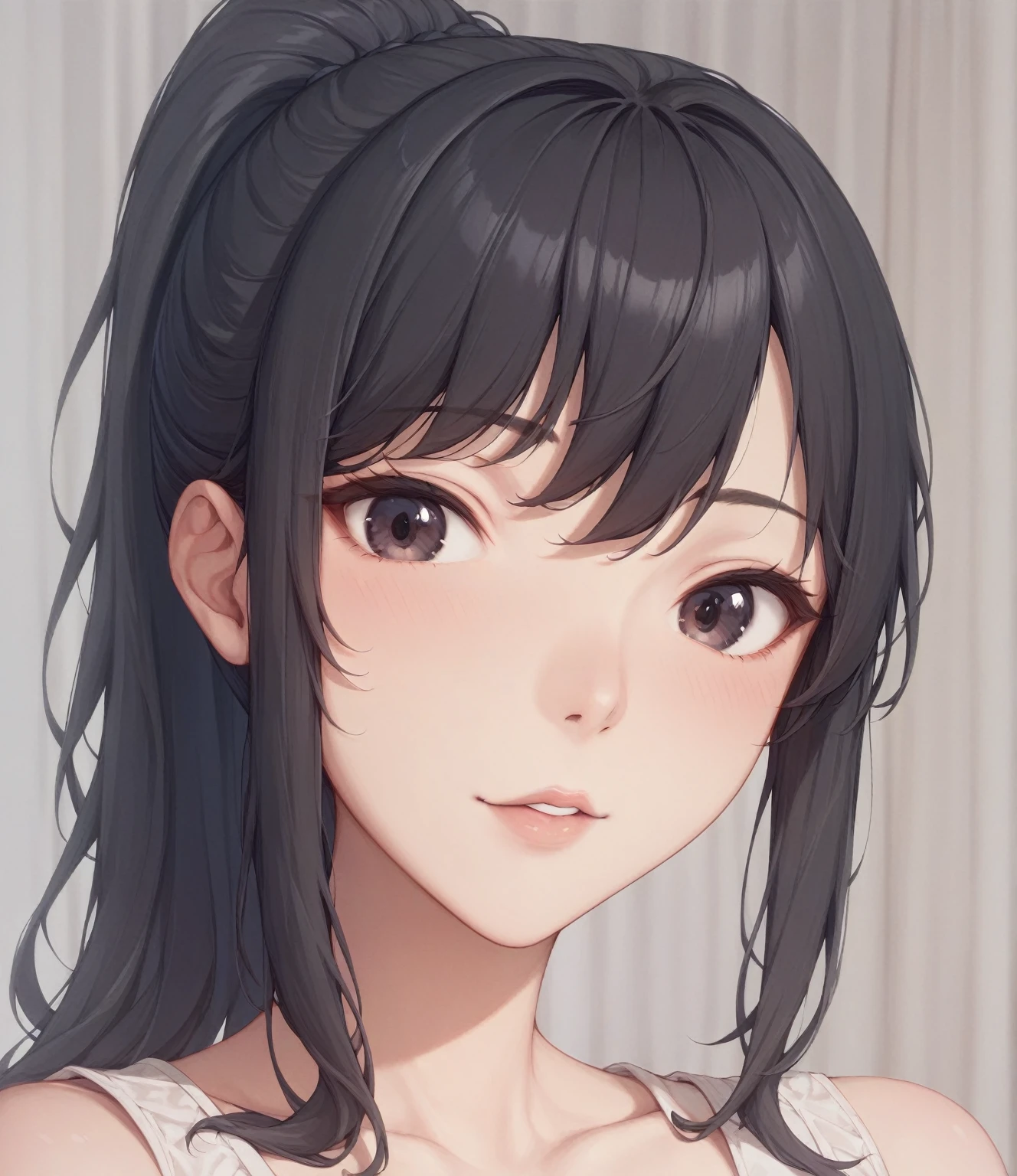 masterpiece、Highest quality、Super detailed、Perfect Human Anatomy、distinct、woman、Beige blouse、Black Hair、ponytail、Dark Eyes、Are thin、