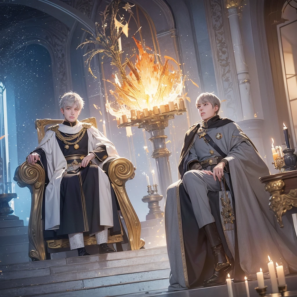 Attention to detail, Clarity, 8 kilometers, Throne of Fire, Young man, 18-year-old, Light grey hair, short hair, Yellow Eyes, Blue sky in the background, Walk up the flaming stairs to the heavens、To the throne before me, realism, Fantasy,