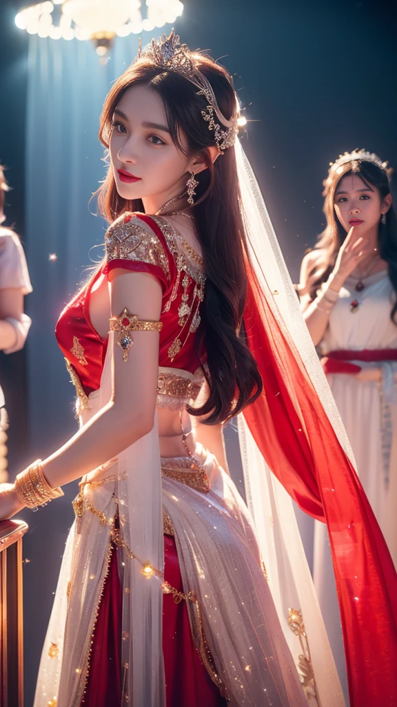 4K, UHD, masterpeice, 1 girl, good face, happy face, ((white skin)), detailed eyes, detailed lipstick, very long hair, straight hair, very long hair, beautiful hair, hair ornaments, hairband, gradient hair, ((red stocking)), ((princess clothing)), ((decorated clothing)), ((sardine)), ((sparkle clothing)), ((red lace)), ((diamond bracelet)), ((pendant)), ((ornaments:1.5)), necklace, earring, high lighting, ((in the wedding stage)), fujicolor, depth of field, ray tracing, ultra realistic detailes, standing with the wall,