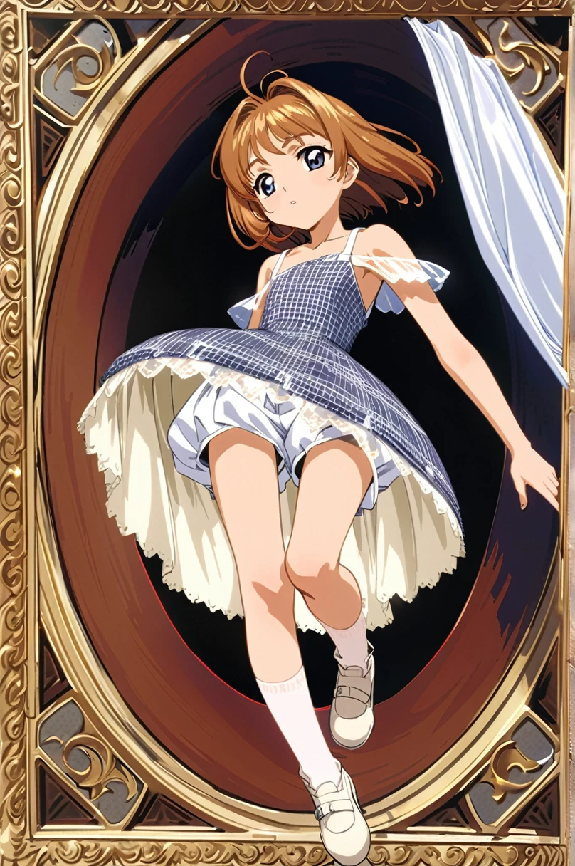 10 year old girl underwear, Sakura Kinomoto、Realistic bloomers made from patterned cotton fabric, Medieval one-piece dress with panniers, Fabric Realism, Low - Angle, I see bloomers, Pull up the dress by hand, Strong winds, Translucent slip, Translucent slip, tights, Highest quality, whole body