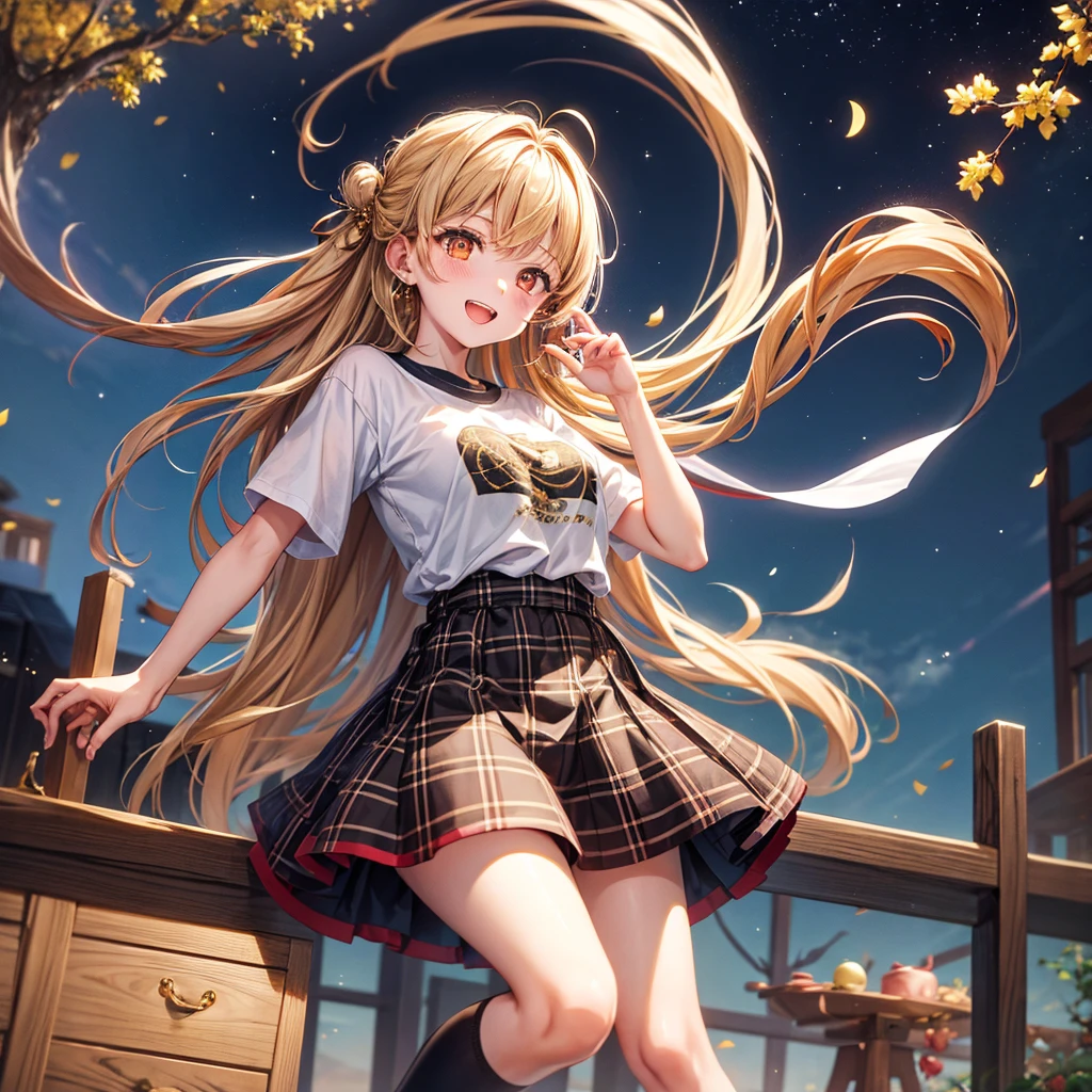 Brown and gold hair、Red gold eyes、Hair tied up、One good looking girl、solo、anime、Checkered mini skirt、T-Shirts、Black knee-high socks、Teeth are visible、Starry Sky、Midnight Moon、Confetti、A large cherry tree growing on the top of a rocky mountain、Home々、Light is flowing、Wearing a bell、Pulling at the thread