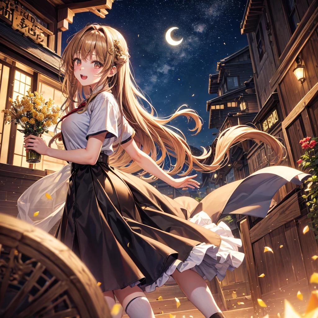 Red, brown, gold, gold hair、Golden Eyes、Hair tied up、One good looking girl、solo、anime、Checkered mini skirt、Ruffles on the skirt、Checked dress、blouse、school uniform、Black knee-high socks、Ribbon、Ribbon on waist、Teeth are visible、Sparkly Necklace、From above、Cobblestones、waterfall、Starry Sky、Midnight Moon、suspension bridge、Soap bubbles are flying、beam、Standing still、Eight Towers、Palm Tree、Transparent、Dragon flying、Sandy Beach、time and space、goddess、Billboard、Edo