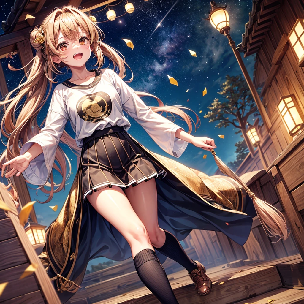 Brown and gold hair、Red gold eyes、Hair tied up、One good looking girl、solo、anime、Checkered mini skirt、T-Shirts、Black knee-high socks、Teeth are visible、Starry Sky、Midnight Moon、Confetti、A large cherry tree growing on the top of a rocky mountain、Home々、Light is flowing、Wearing a bell、Pulling at the thread