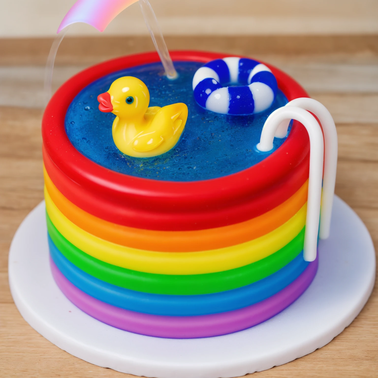 on a wooden table. there is a white plate. rainbow cake IMITATING POOL, RAINBOW STRIPS FROM POLYMER CLAY. blue jelly with bubbles. a plastic duck toy floats on it. nearby is a lifebuoy made of polymer clay, two white railings for the stairs, Beautiful light from the window, contour light, Multiple light sources, beautiful sunlight, Bright light source, bright lighting, beautiful light sources, Multiple light sources, Realistic style , realistic texture, detailed texture, a high resolution, high quality, macro photography
