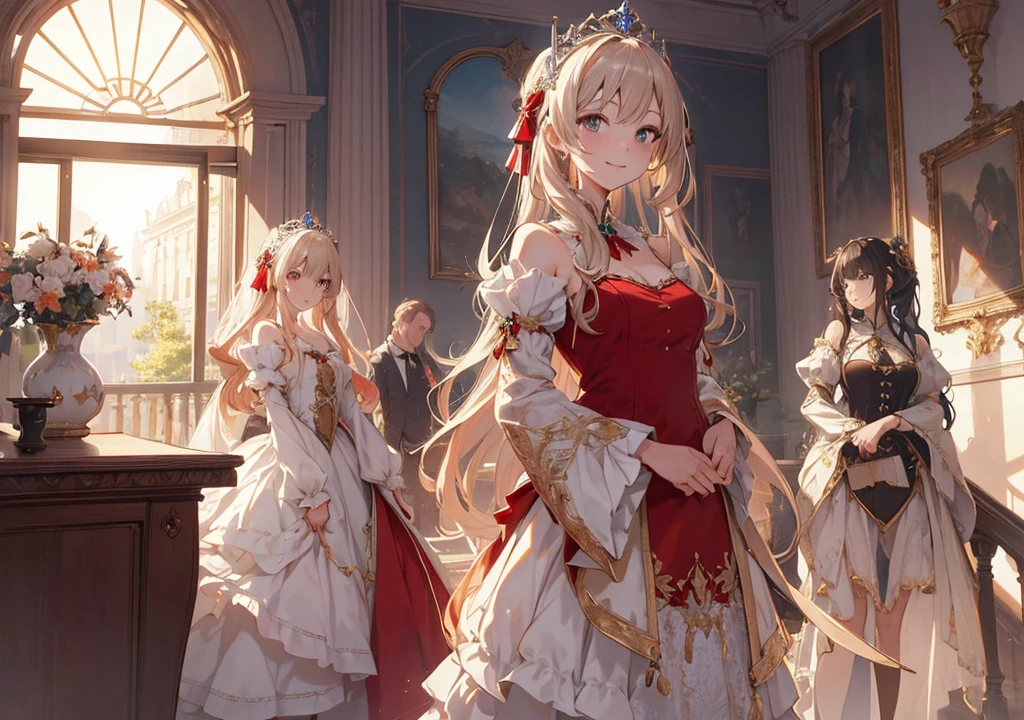 Realistic photos, Focus distance 10mm, Red and white, A big smile, Beautiful girl, Realistic photos, Focus distance 10mmで撮影, masterpiece, 最high quality, high quality, Very detailed CG 8k wallpaper unit, Award-winning photography, Depth of written boundary, High resolution, bloom, chromatic aberration, Realistic, Very detailed, Art Station Trends, CGsociety Trends, Complex, High detail, dramatic, Art on the go, volumetric lighting, game「Tales」Series Image, Royal Princess: A princess in an elegant dress at the royal court。Scenes with palace interiors and gardens in the background