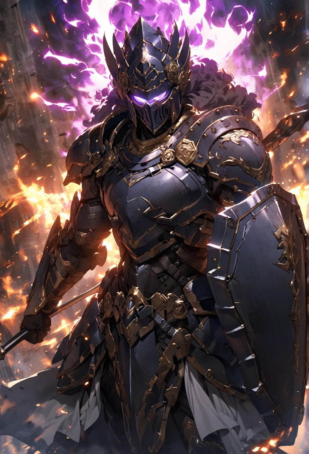 protection from the gods,Aura,shine,Advanced protection,firm,Holding a shield, preparing to defend against heavy attacks.