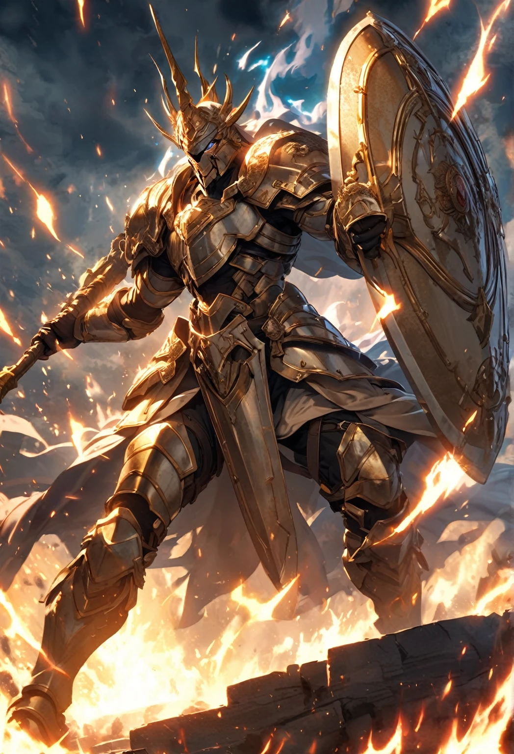 protection from the gods,Aura,shine,Advanced protection,firm,Holding a shield, preparing to defend against heavy attacks.