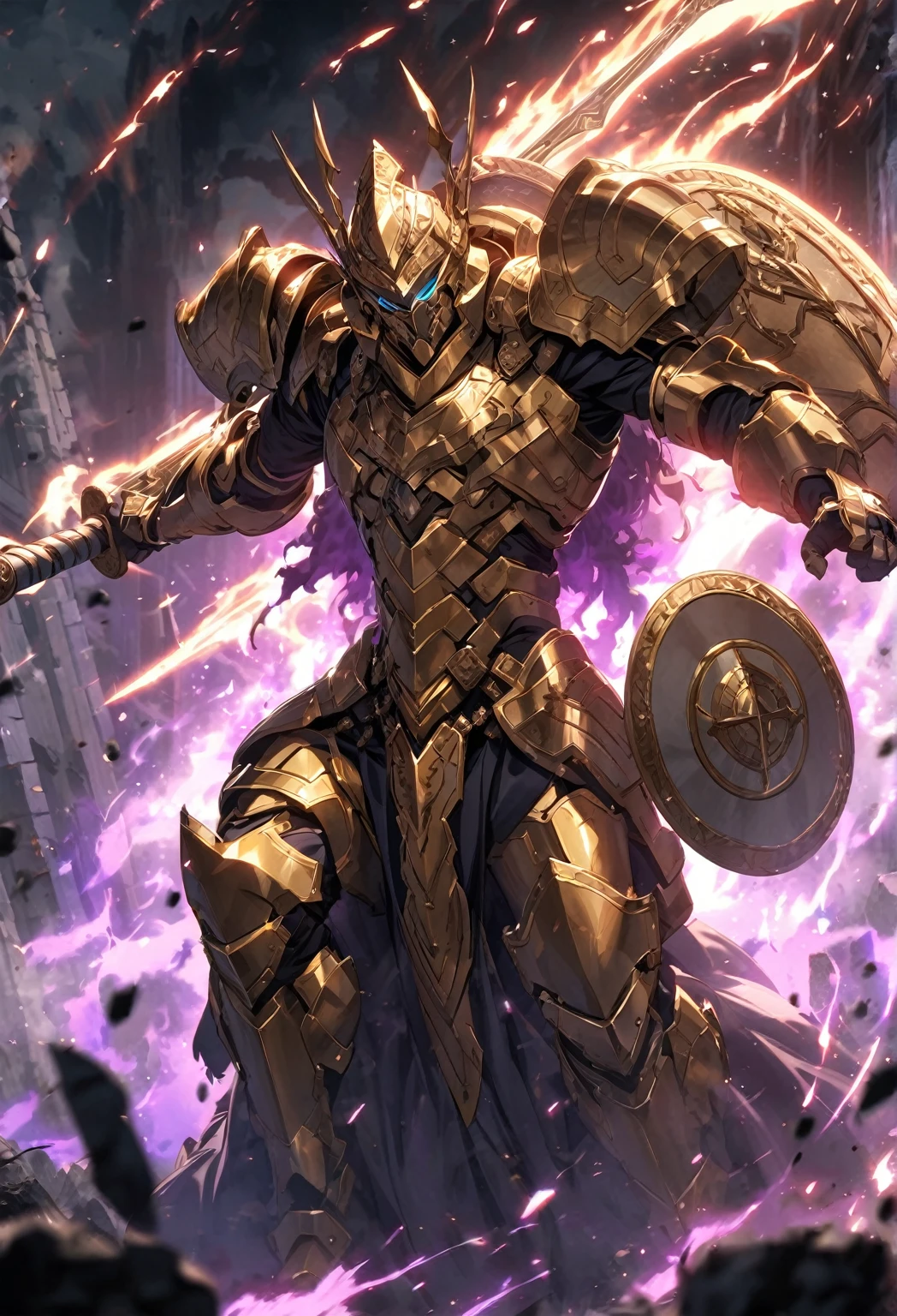 protection from the gods,Aura,shine,Advanced protection,firm,Holding a shield, preparing to defend against heavy attacks.