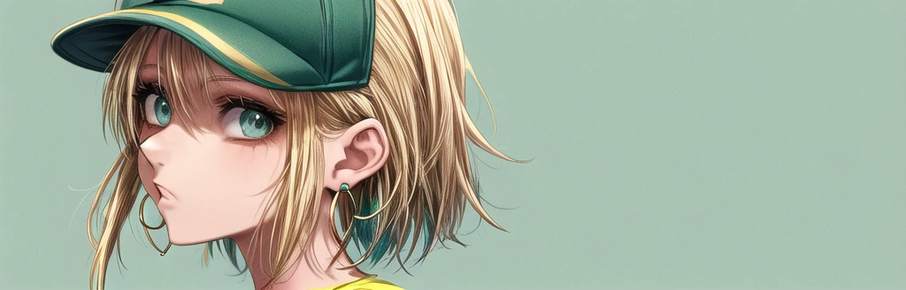 Already full,  1 Girl, Aqua eyes, Baseball cap, Blonde Hair, Shut up, earrings, Green Background, have, hoop earrings, Jewelry, Looking at the audience, shirt, short hair, Simple background, Solitary, Upper Body, yellow shirt 