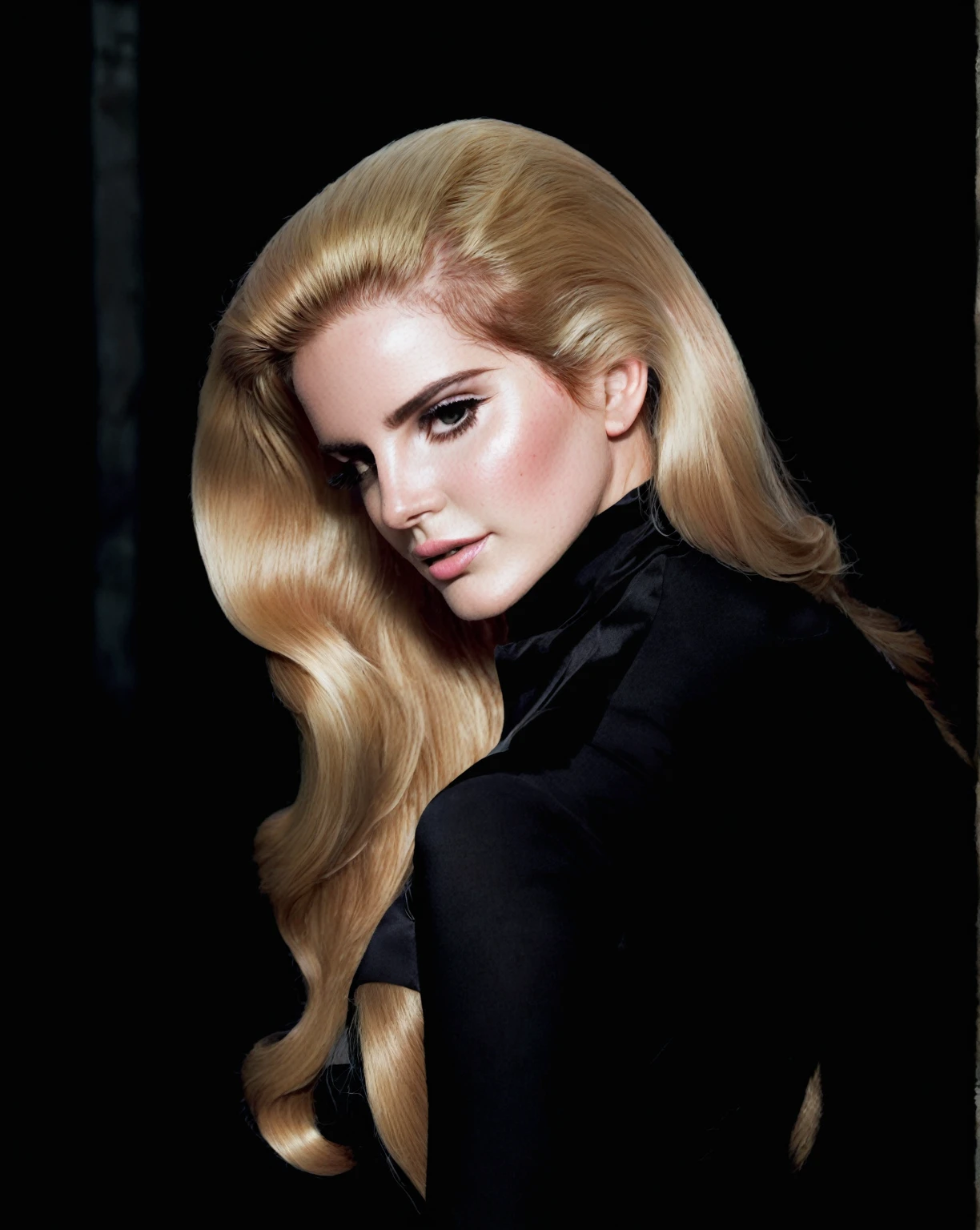 a woman with long blonde hair wearing a black top and hand in her hair, portrait of lana del rey, Portrait of woman, 