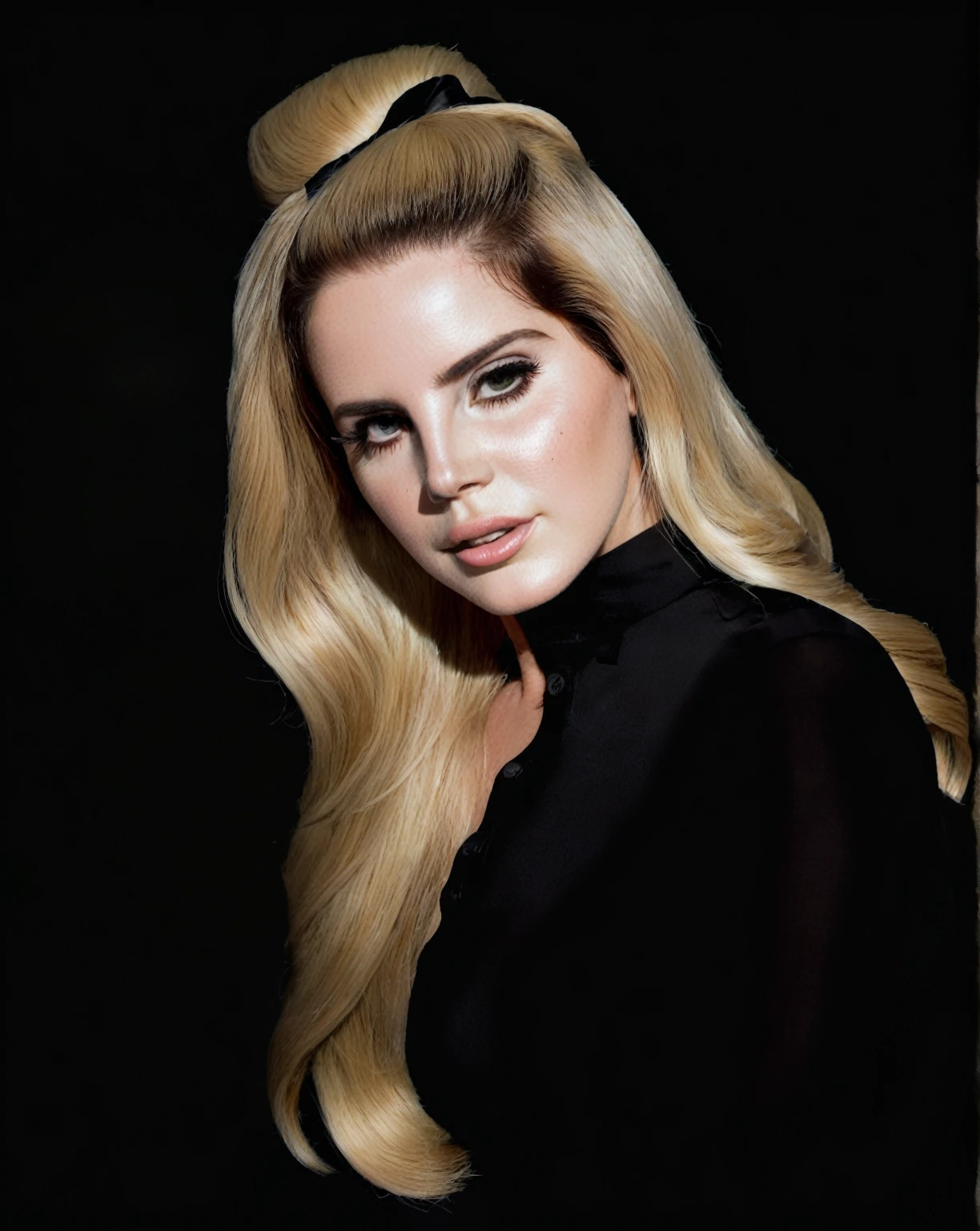 a woman with long blonde hair wearing a black top and hand in her hair, portrait of lana del rey, Portrait of woman,