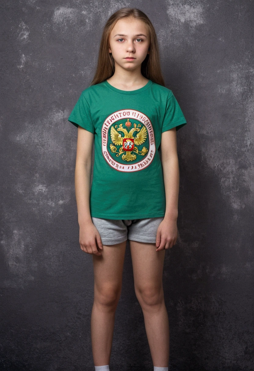 Russian 14 year old girl stands in a T-shirt, but without panties and pants