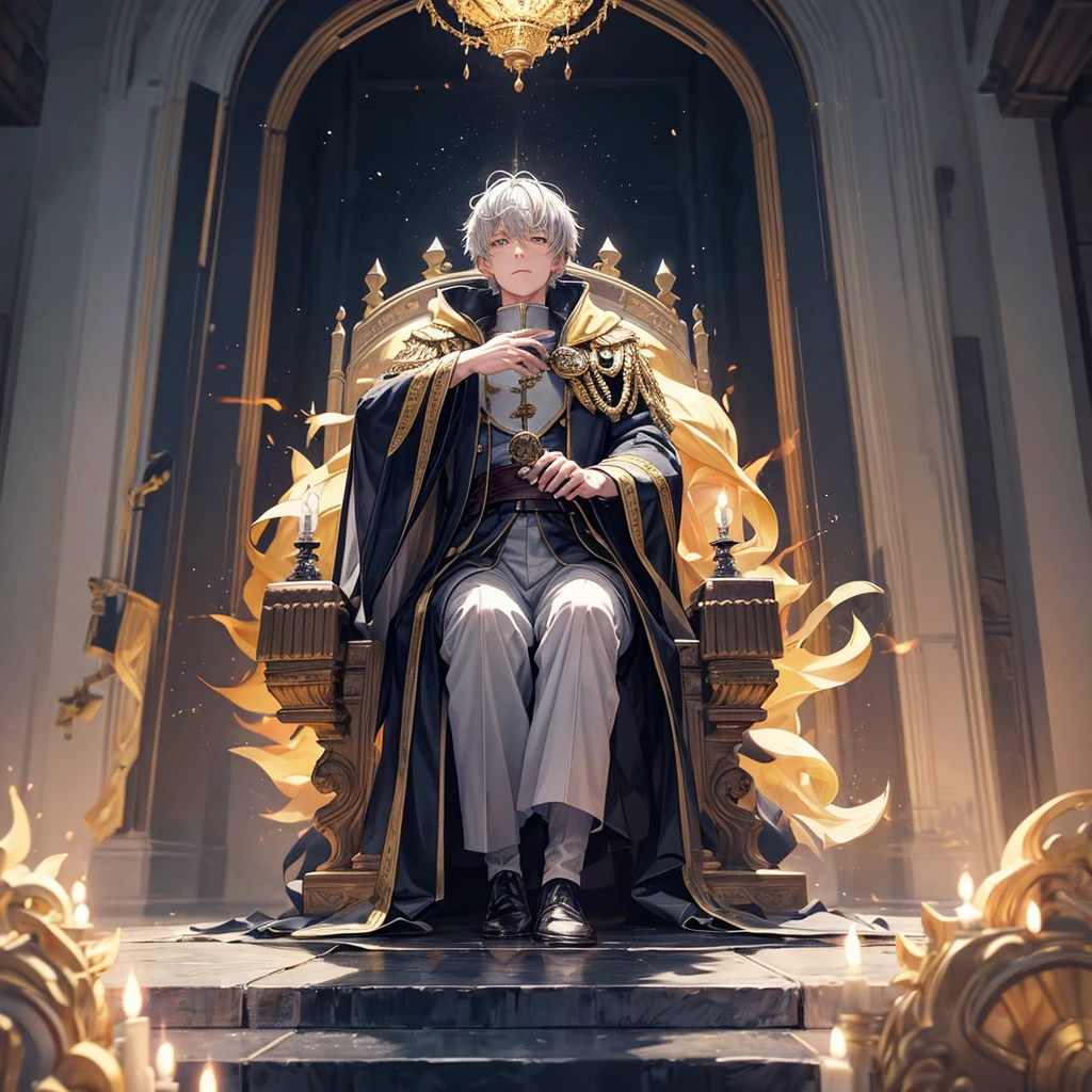 Attention to detail, Clarity, 8 kilometers, Throne of Fire, Young man, 18-year-old, Light grey hair, short hair, Yellow Eyes, Blue sky in the background, Walk up the flaming stairs to the heavens、To the throne before me, realism, Fantasy,