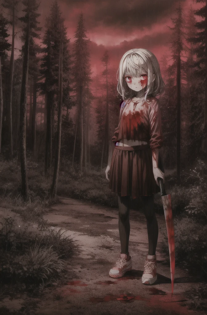 ((masterpiece)),(((best quality))), ultra_detailed, (loli:1.4), [10:years:old:1.4], [perfect:face:1.5], [detailed:facial:features:1.5], [sharp:facial:contours:1.5],[detailed:green:eyes:1.5], [sharp:eyes:1.5], looking at viewer, scared expression, pale skin, long wavy lilac hair, wet, crop top, pink pantyhose, sneakers, (camel toe:0.3), extra small breasts, full body, (bloody machete in hand), edge of a cliff, pit, blood-soaked clothes, blood on face, bleeding, [bloody:mess:1.1], [blood:everywhere:1.4]. Night eerie atmosphere, forest, flowers, shadowy trees, scary trees, bloody grass, bad weather, dark clouds, heavy (rain) visible raindrops, night lighting, blood-red colors, cool tones, (saturation:0.2), (highlight:0.3), (brightness:0.3), (contrast:1.5), (absurdres:1.2)