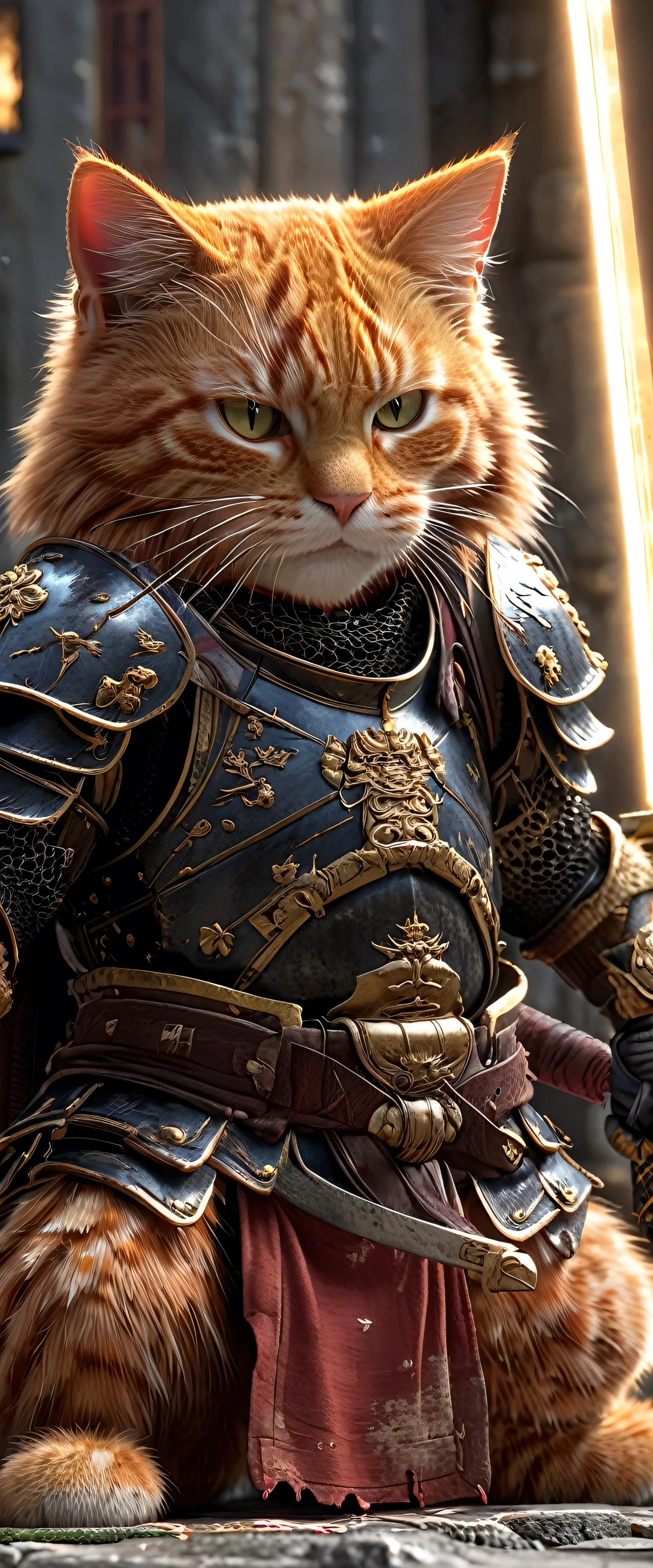 Close-up shot of a ginger cat, Ginger cat Samurai,whole body, He has a Japanese sword wrapped in lightning., Wearing black Japanese armor, Japanese castle background, High resolution, masterpiece, Highest quality, Super detailed, Super detailed, Ultra-realistic,
 Hong Kong Style, 3D Fluffy, Cute and adorable close-ups, Cute big round reflective eyes, Long fuzzy fur, Pixar Rendering, unreal engine Cinematic smooth, Exquisite detail, Cinematic,attack pose