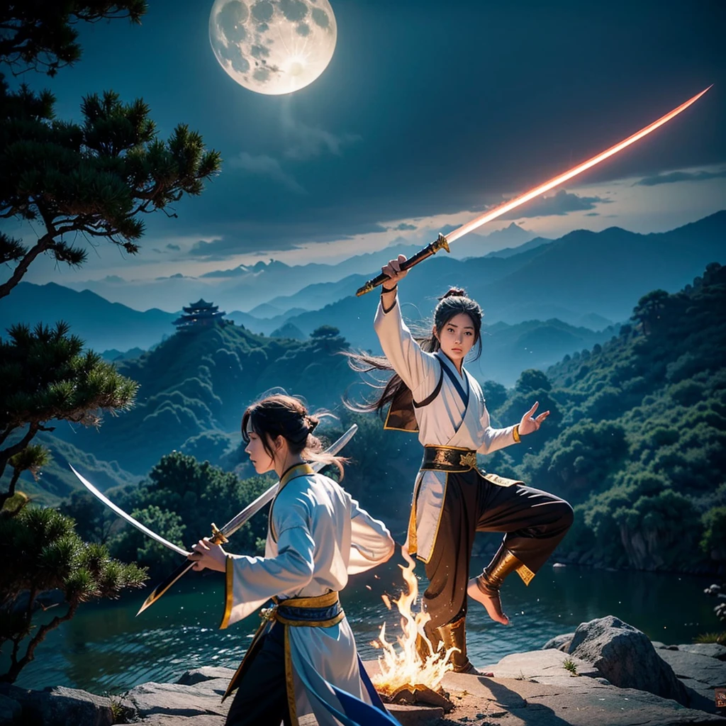 The creation of the Chinese Classic of Mountains and Seas style is like the puppet show characters in TV movies, Hollywood fight scenes, Hanfu martial arts drama, six major characters appearing with glowing bodies, super congenital people, six people, six roles, six duels, meditating, and killing in the stunning martial arts world. image, This sword, halberd, tactics, spells, magic art, flying around requires a fantasy fairy-like duel with lighting scenes, a battle of no return, Swordsman, Tianlong, Eight Parts, Legend of the Condor Heroes, The Legend of the Condor Heroes, Full Moon Scimitar, Thunderbolt International Multimedia Tianyu International Multimedia Gods and Demons International Multimedia Zheng Wen Style Ink Comics
