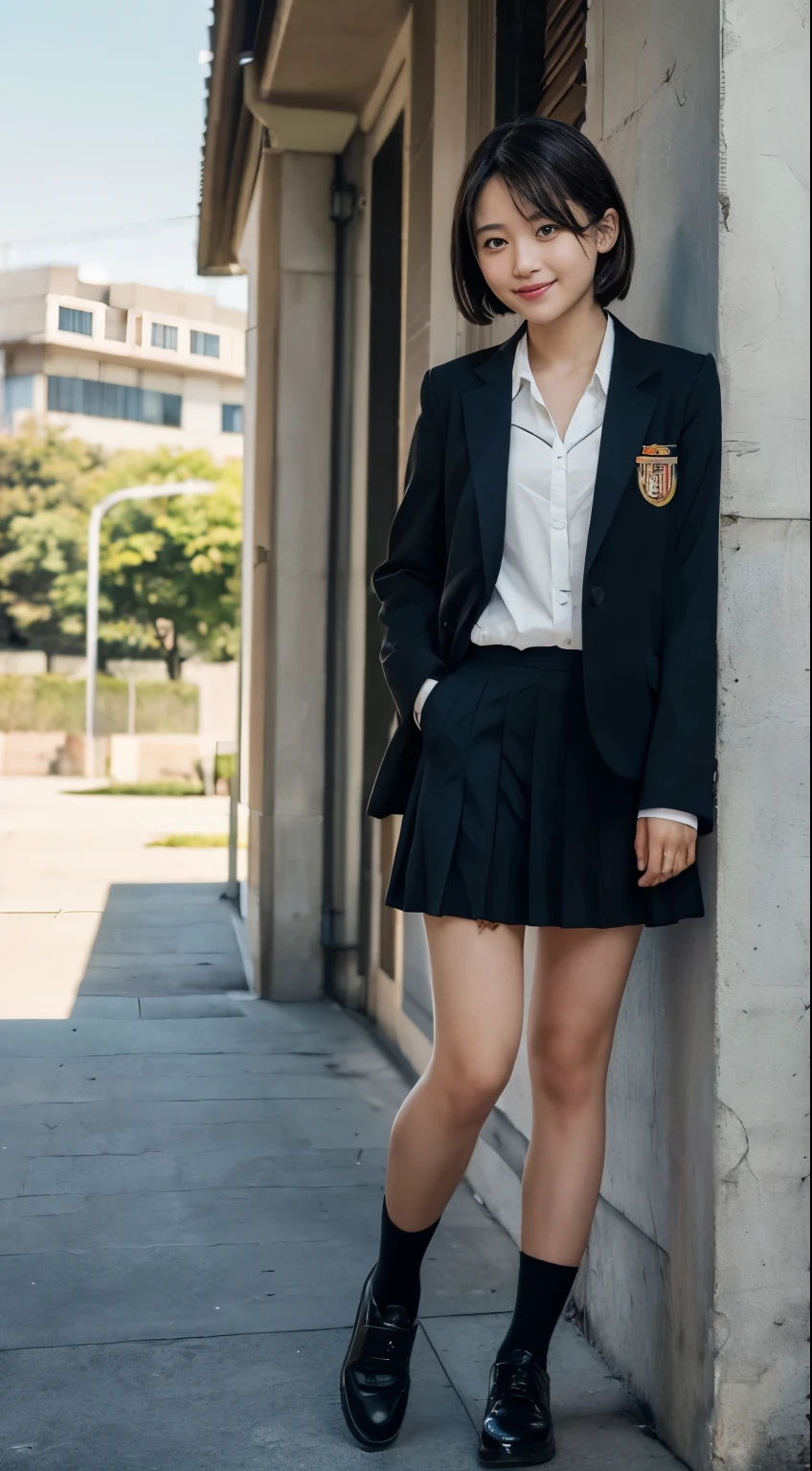 (Highest quality,8K quality,masterpiece:1.3),(Ultra-high resolution,Realistic:1.4,RAW Photos),(Very detailed,Caustics,Detailed Background),(Ultra-Realistic Capture,Fine and beautiful skin,Perfect Anatomy),At dusk,Sunset sky,School building,Schoolyard,,cute,single eyelid,Black short bob,School Blazer Uniform,Looking into the camera,Laughter,Bust up shot,Natural soft light,(Small box:1.2), (whole body: 1.3), whole body, Standing pose, Head to Toe, whole bodyの構図