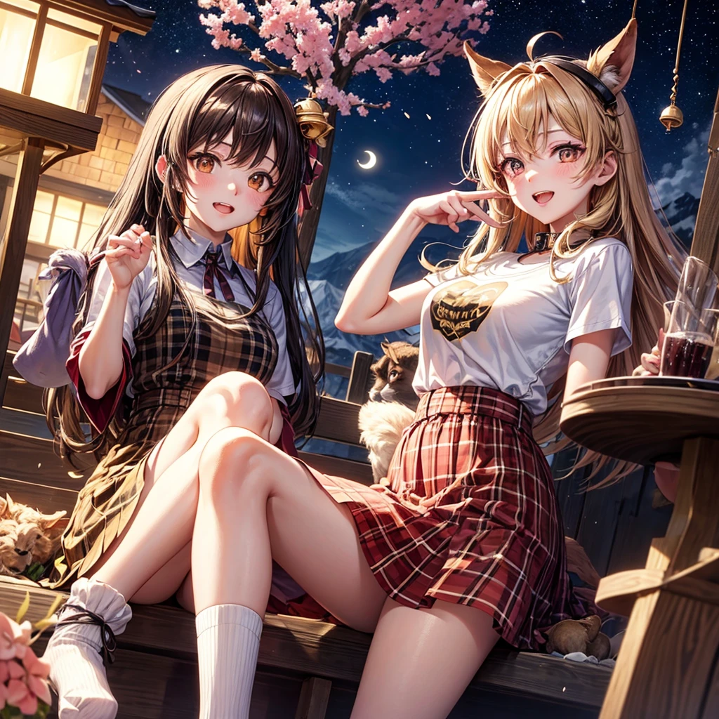 Brown and gold hair、Red gold eyes、Hair tied up、One good looking girl、solo、anime、Checkered mini skirt、T-Shirts、Black knee-high socks、Teeth are visible、Starry Sky、Midnight Moon、Confetti、A large cherry tree growing on the top of a rocky mountain、Home々、Light is flowing、Wearing a bell、Petting a goat