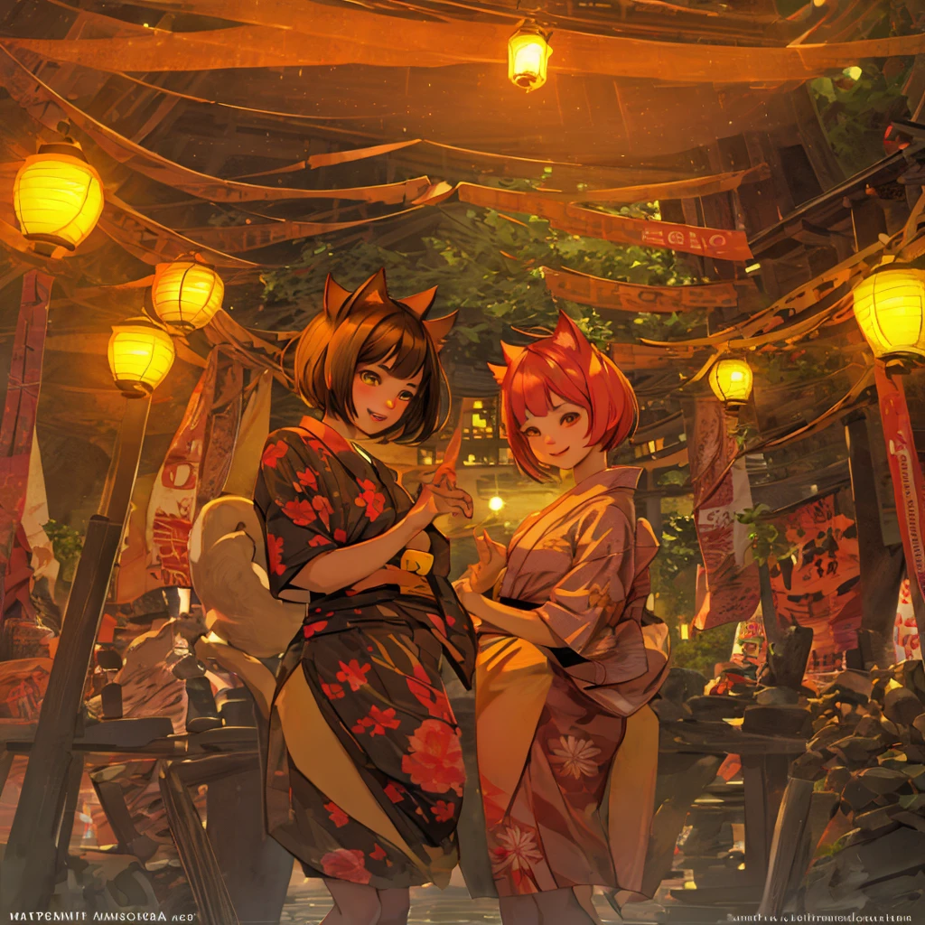 Summer Festival Night, Yukata, short hair, Cat ear girl, Lantern Light, smile, looks fun, delicate design, Bright colors, detailed character design, Traditional atmosphere, Soft light and shadow, Cat&#39;s Tail, Red yukata, Fireworks in the night sky, Face illuminated by light, Hair swaying in the wind, Girl in the crowd, Characters stand out, The background is blurred, The focus is on the characters, Sharp details, Warm light at night
