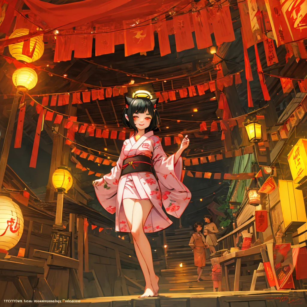 Summer Festival Night, Yukata, short hair, Cat ear girl, Lantern Light, smile, looks fun, delicate design, Bright colors, detailed character design, Traditional atmosphere, Soft light and shadow, Cat's Tail, Red yukata, Fireworks in the night sky, Face illuminated by light, Hair swaying in the wind, Girl in the crowd, Characters stand out, The background is blurred, The focus is on the characters, Sharp details, Warm light at night
