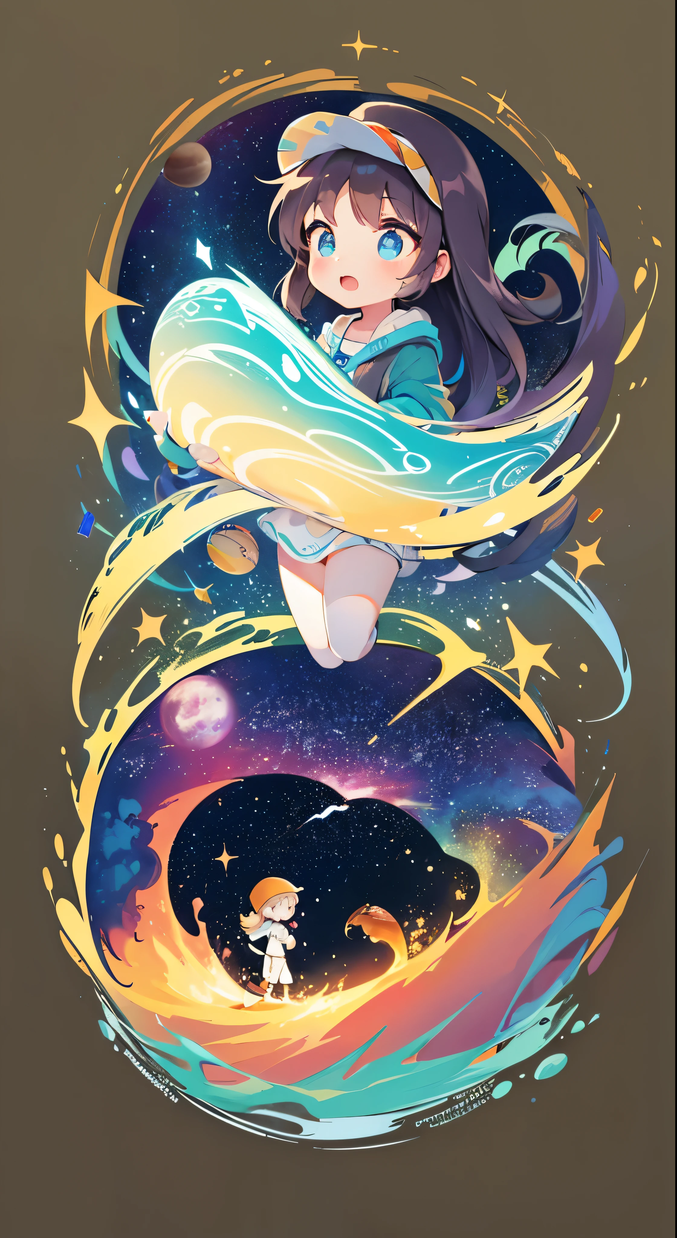 galaxies, rocket, planets, stars, cute illustration, cute art, cute characters, cute digital art, illustrated in whimsical style, children&#39;s illustration, cute features, illustration, cozy calm, cute detailed digital art  