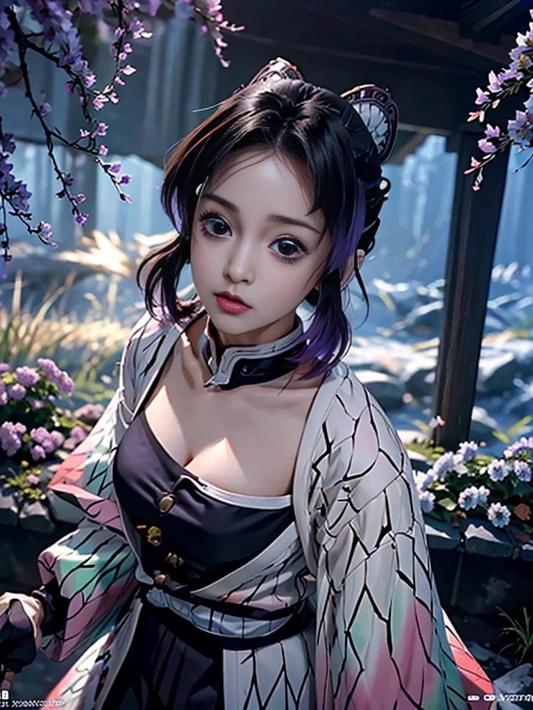 Realistic, Super detailed, High resolution, highest quality, Super detailedな,1 Female , Official Art, unity 8k wallpaper, Super detailed, beautiful and aesthetic, beautiful, masterpiece,( Super busty breasts:1.8,Small waist)、Glowing Skin,masterpiece, wonderful, (CG illustration),Asian, Ultra-realistic textured face and skin、Accurate anatomy、samurai、Colorful armor、Radiation Hair, bangs,Short Bob、((samurai))、sword,Facial details、Dynamic Pose、Dynamic Action、Dynamic Angle、Detailed Background、Wisteria flower、In combat、duel、Degrees of Freedom:1.3