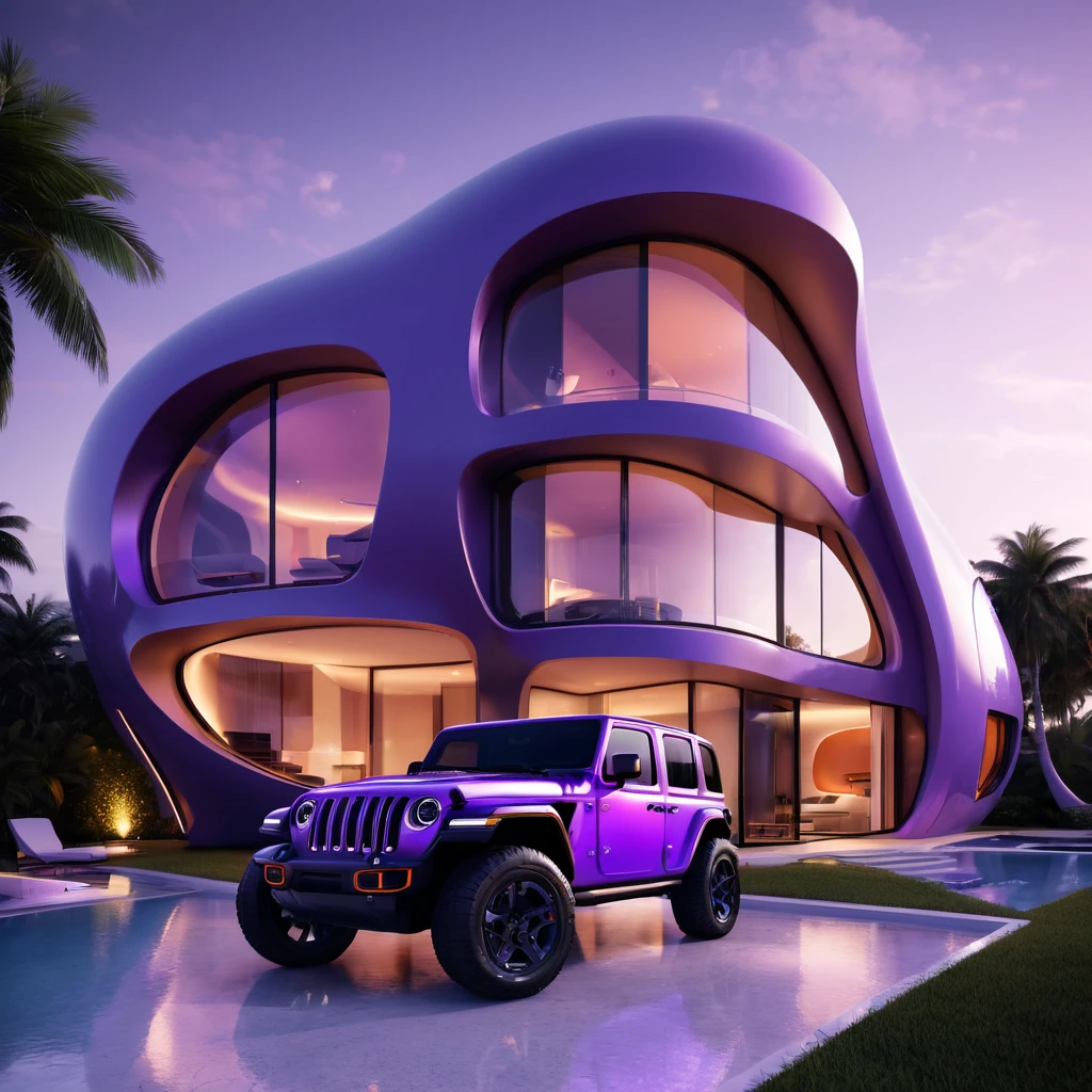 a futuristic house with a purple jeep wrangler parked in front of it, cgsocietywlop, beautiful curves, intricate devilish designs, qualia, interesting shapes & form, wow factor, elaborate polished, architectural rendering, miami, orange soft lighting in interior of house, futuristic battlefield, inspired by James E. Brewton, precise architectural rendering