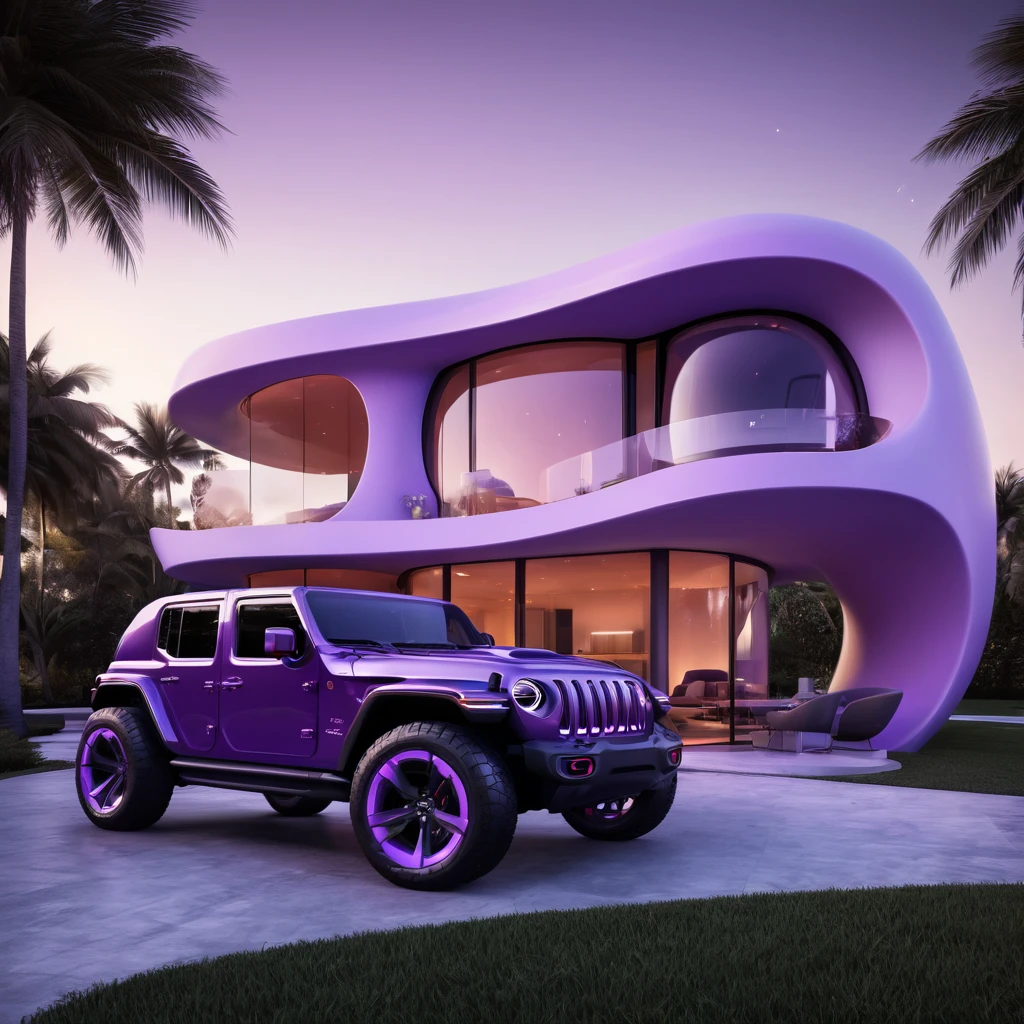 a futuristic house with a purple jeep wrangler parked in front of it, cgsocietywlop, beautiful curves, intricate devilish designs, qualia, interesting shapes & form, wow factor, elaborate polished, architectural rendering, miami, orange soft lighting in interior of house, futuristic battlefield, inspired by James E. Brewton, precise architectural rendering